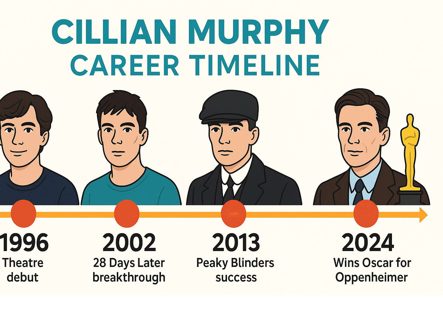 Infographic showing Cillian Murphy's career timeline from 1996 theatre debut through 2024 Oscar win, highlighting major milestones including 28 Days Later breakthrough, Peaky Blinders success, and Oppenheimer triumph - cillian murphy infographic