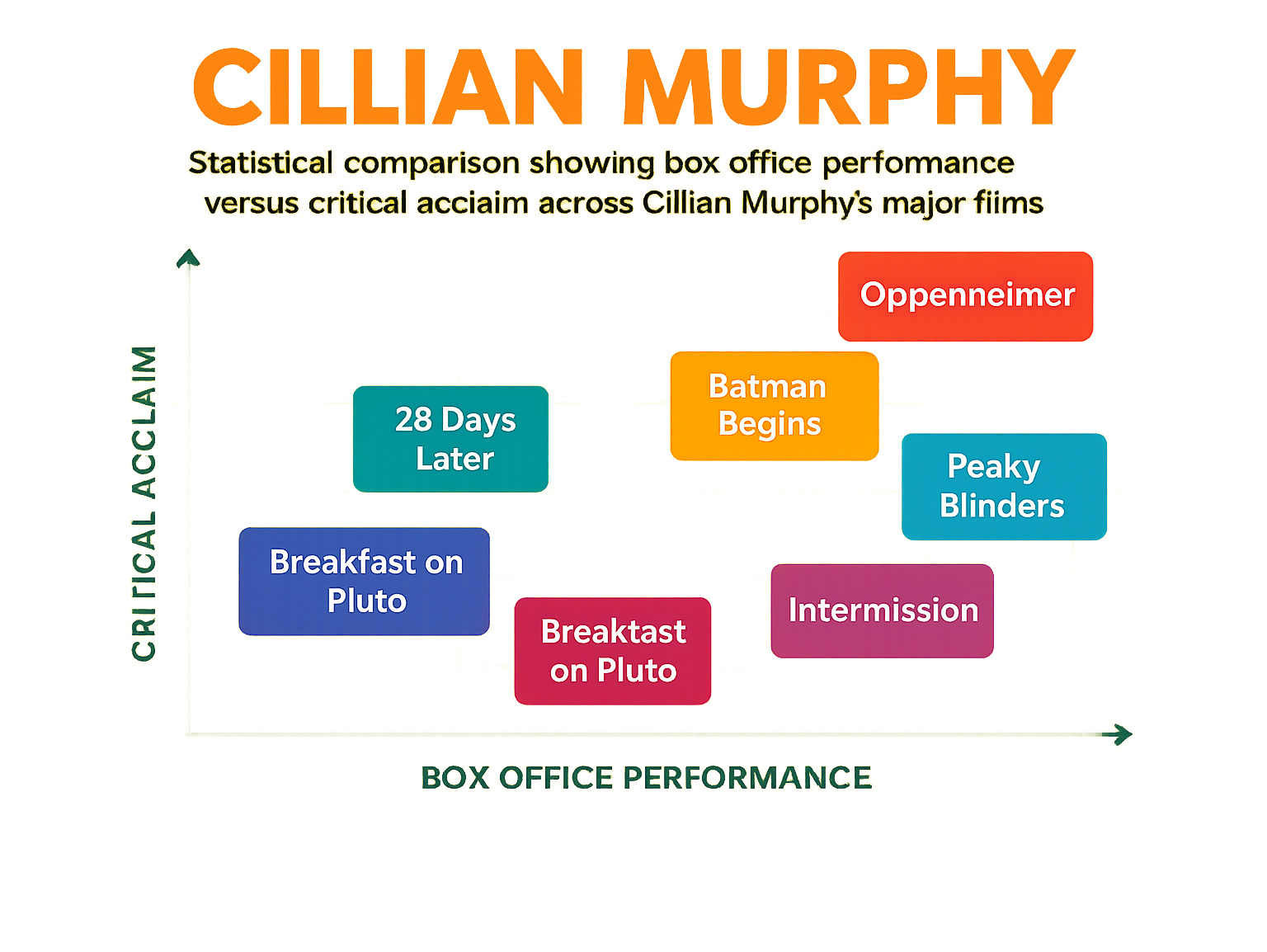 Statistical comparison showing box office performance versus critical acclaim across Cillian Murphy's major films, highlighting the correlation between artistic choices and commercial success - cillian murphy infographic