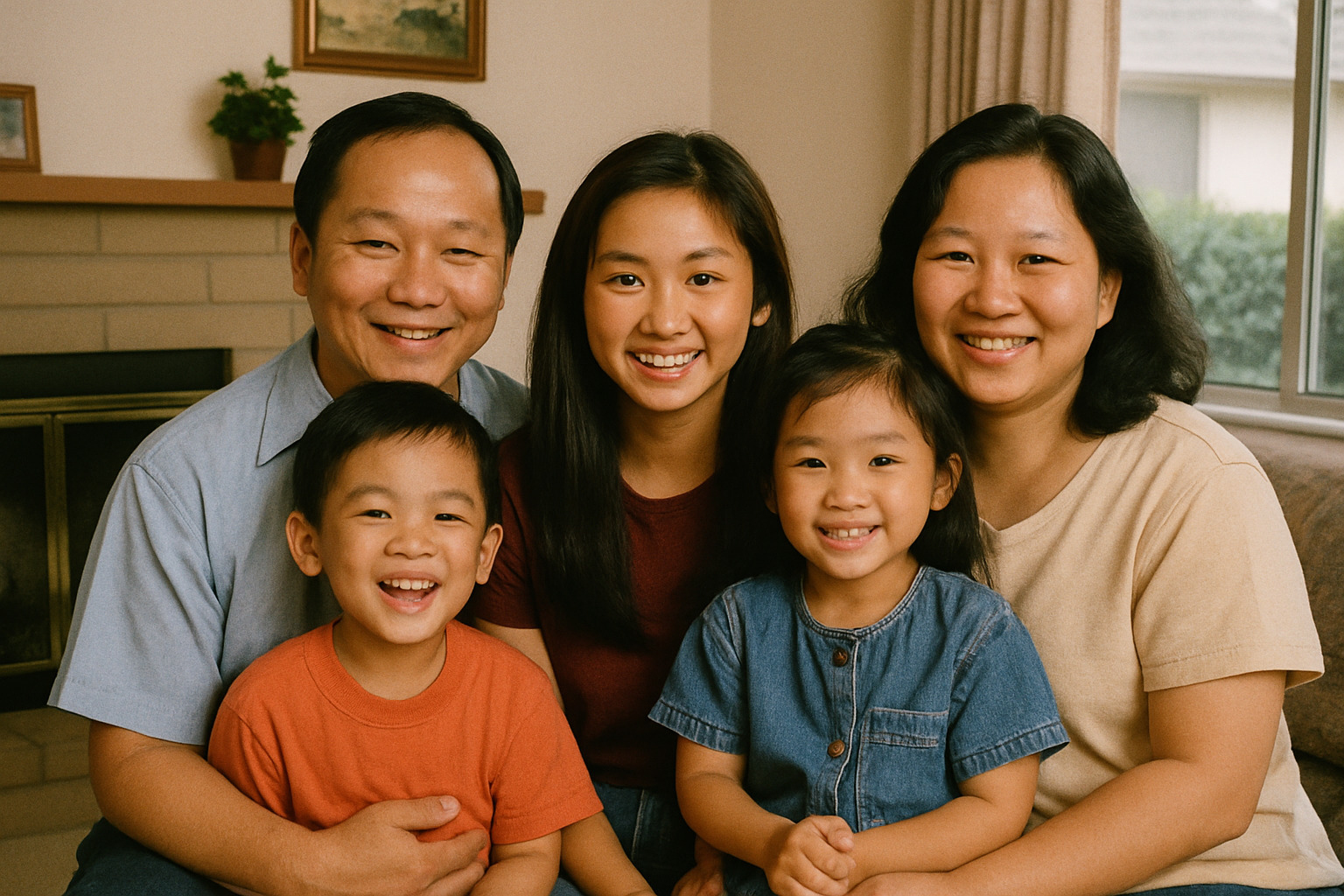 Family photo of young Brenda Song with her parents and siblings in Carmichael, California - brenda song