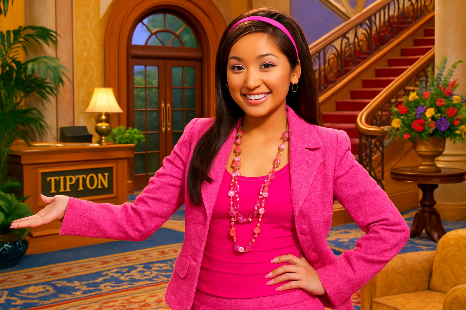 Iconic scene of Brenda Song as London Tipton in her signature pink outfit from The Suite Life of Zack & Cody - brenda song
