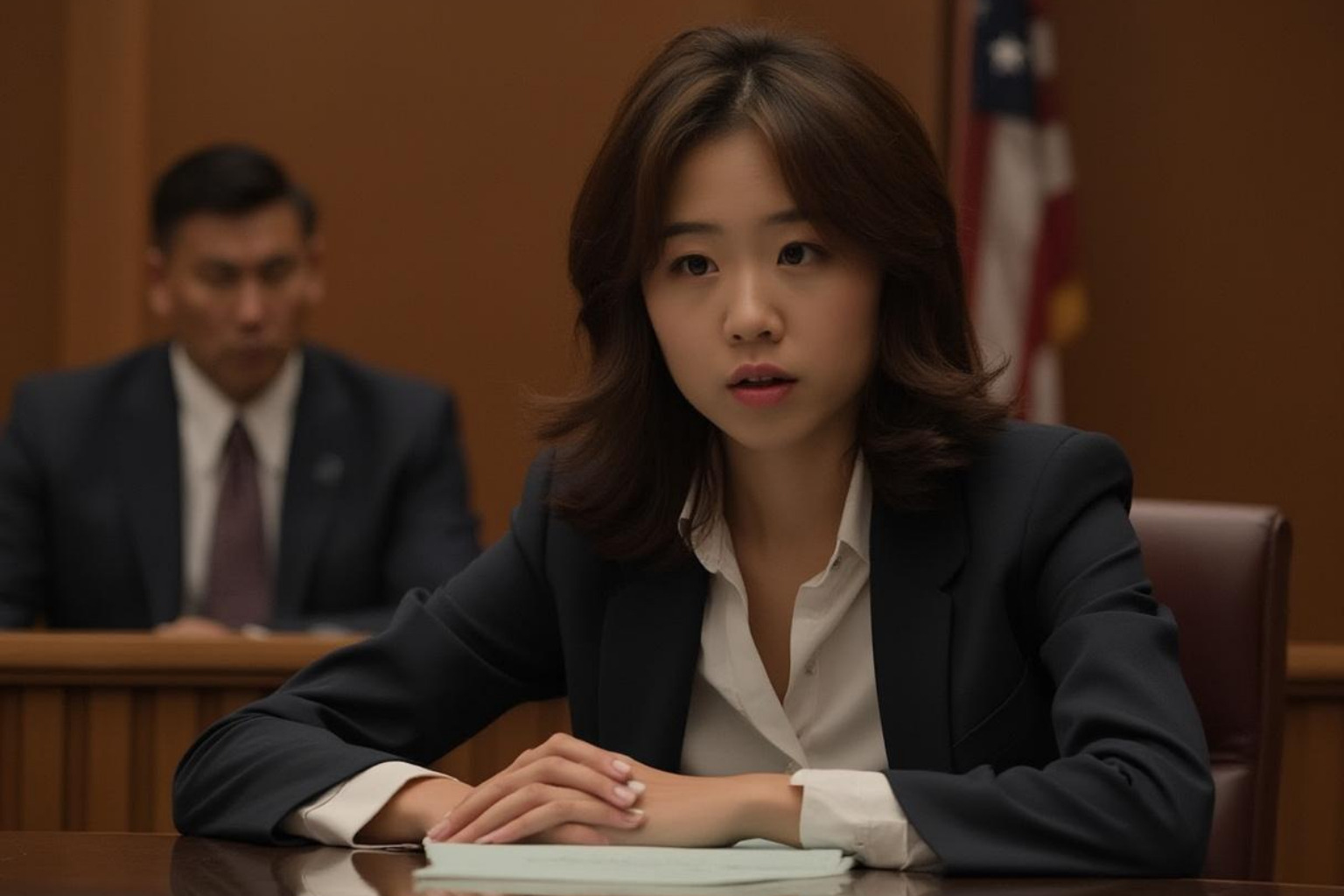 Brenda Song in a dramatic courtroom scene from The Social Network, showcasing her transition to serious dramatic roles - brenda song