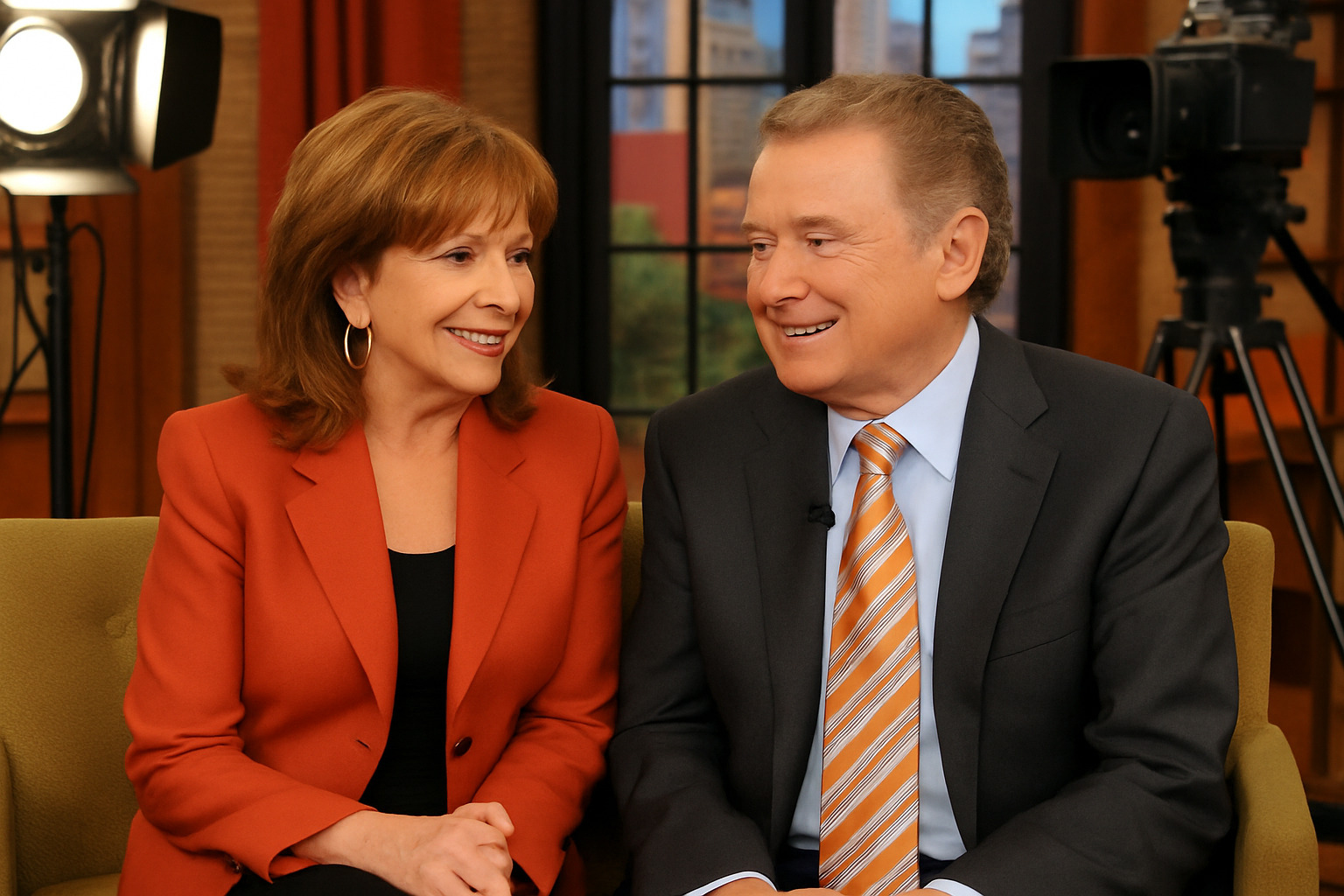 Joy and Regis Philbin on the set of Live with Regis and Kelly, showing their natural chemistry and professional partnership - joy philbin