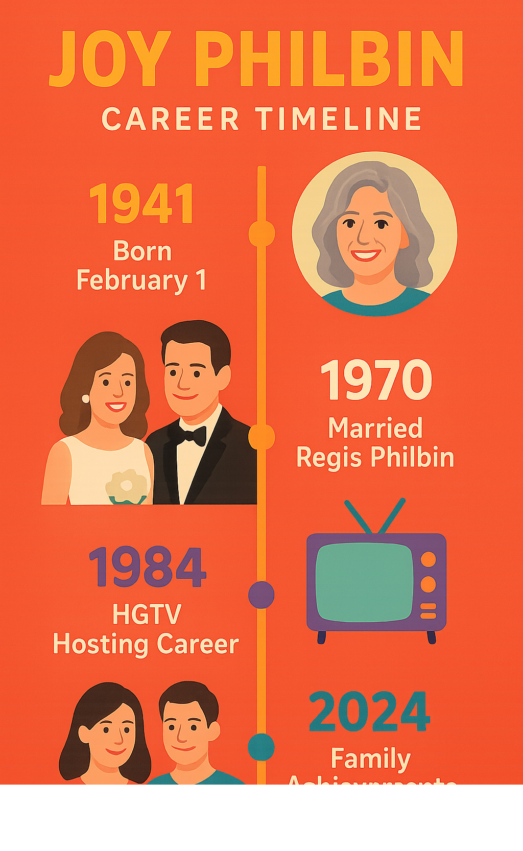 Infographic showing Joy Philbin's career timeline from 1941 birth through 2024, highlighting major milestones including her 1970 marriage to Regis, HGTV hosting career, Live! appearances, and family achievements - joy philbin infographic