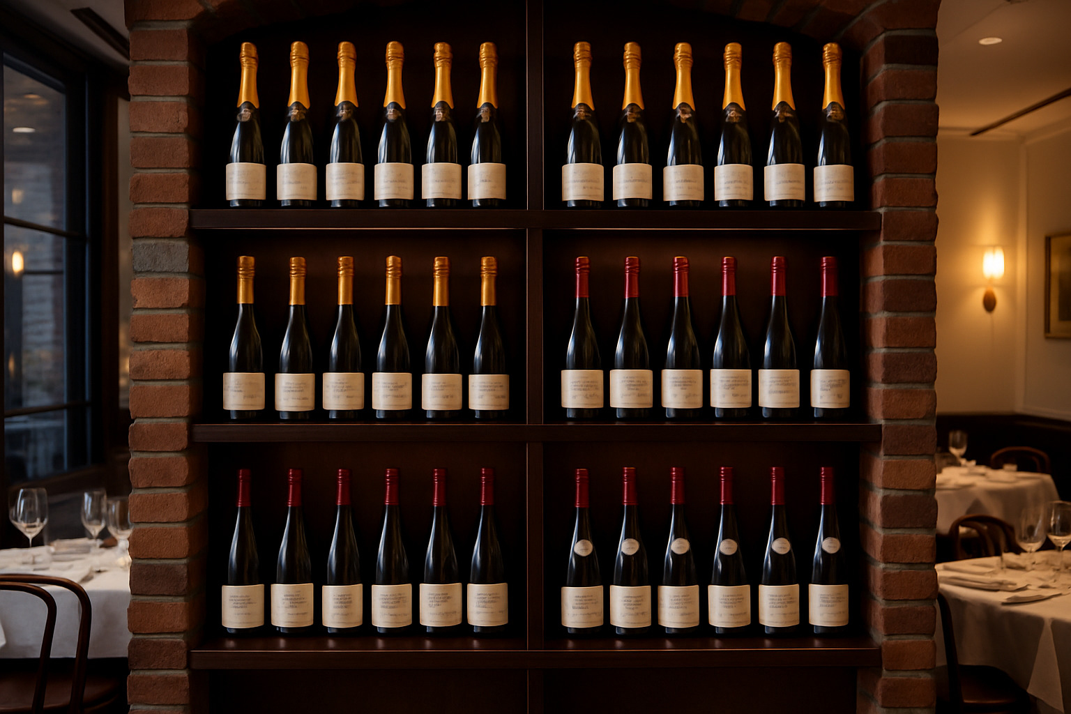 wine cellar shelves with champagne and burgundy bottles - chef's table at brooklyn fare