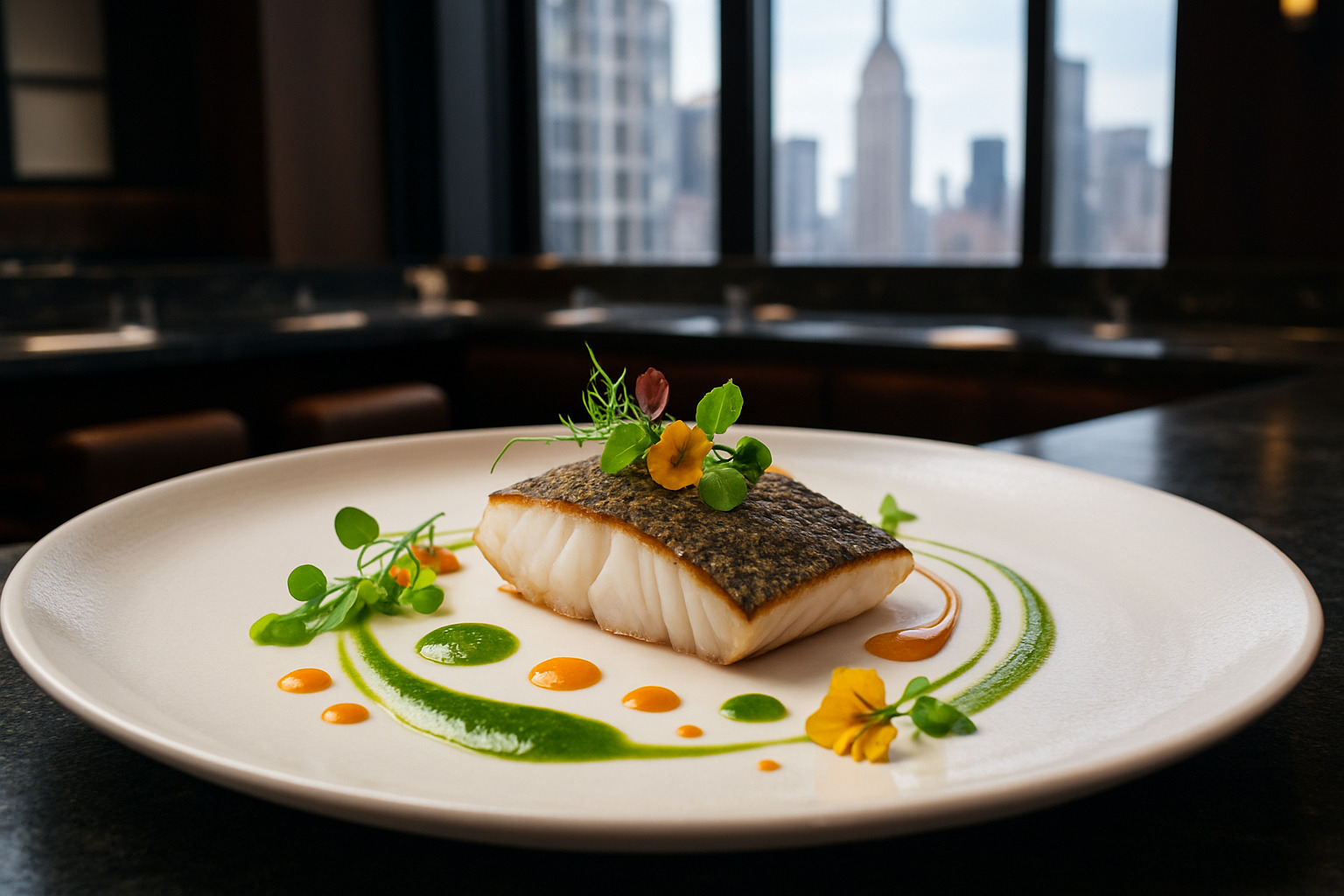 turbot presentation with artistic plating - chef's table at brooklyn fare