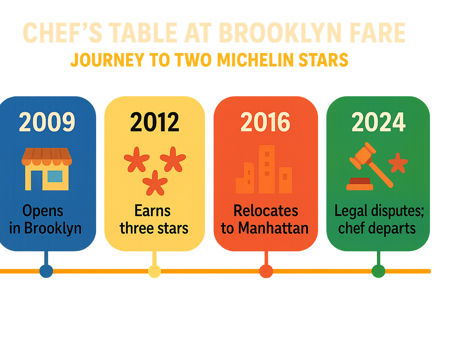 Timeline showing Chef's Table at Brooklyn Fare's journey from 2009 Brooklyn opening to 2024 two-star regain, including major milestones like first three Michelin stars outside Manhattan, Manhattan relocation, legal disputes, and chef transitions - chef's table at brooklyn fare infographic 