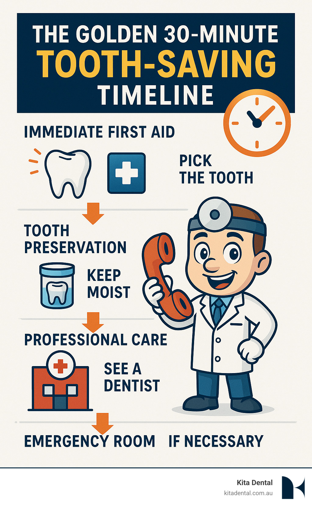 Infographic showing the Golden 30-Minute Tooth-Saving Timeline with step-by-step emergency response actions including immediate first aid, tooth preservation methods, and when to seek professional care versus emergency room treatment - emergency dentist mascot infographic
