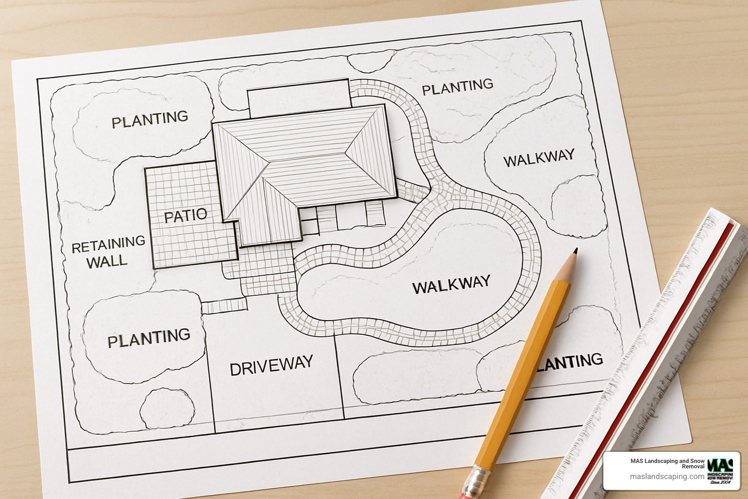 architectural design blueprint with hardscape elements marked - hardscape contractors