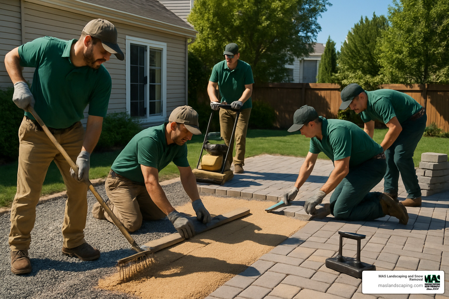 professional crew installing paver patio with proper base preparation - hardscape contractors