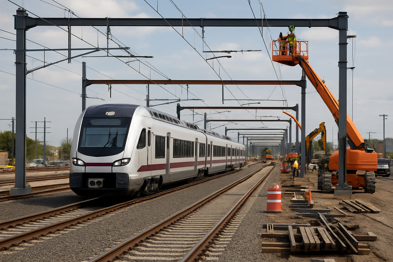 Railway infrastructure project showing electrification work and modern rail systems -  rvnl share price