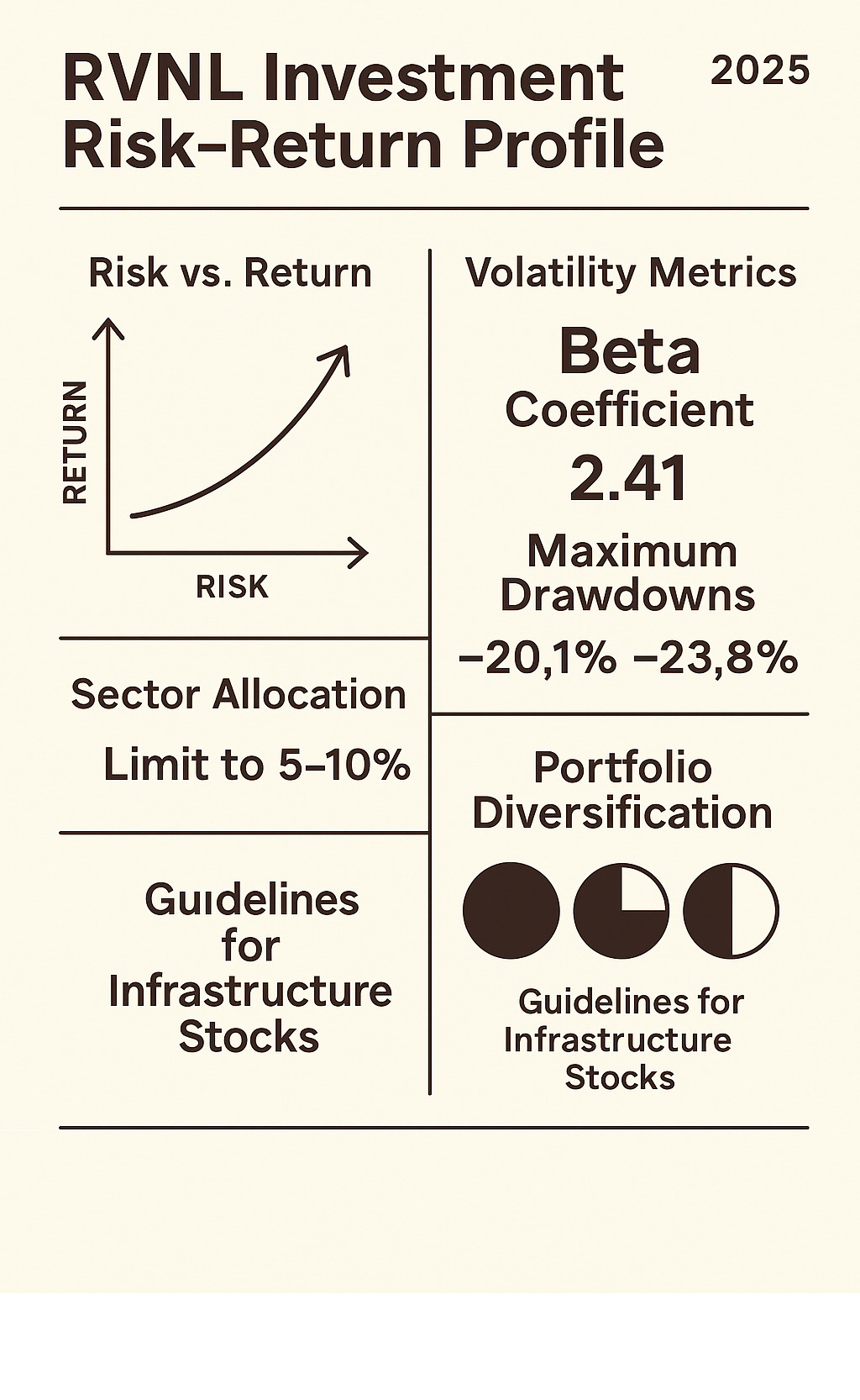 Infographic displaying RVNL investment risk-return profile with volatility metrics, beta coefficient, maximum drawdown periods, sector allocation recommendations, and portfolio diversification guidelines for infrastructure stocks -  rvnl share price infographic 