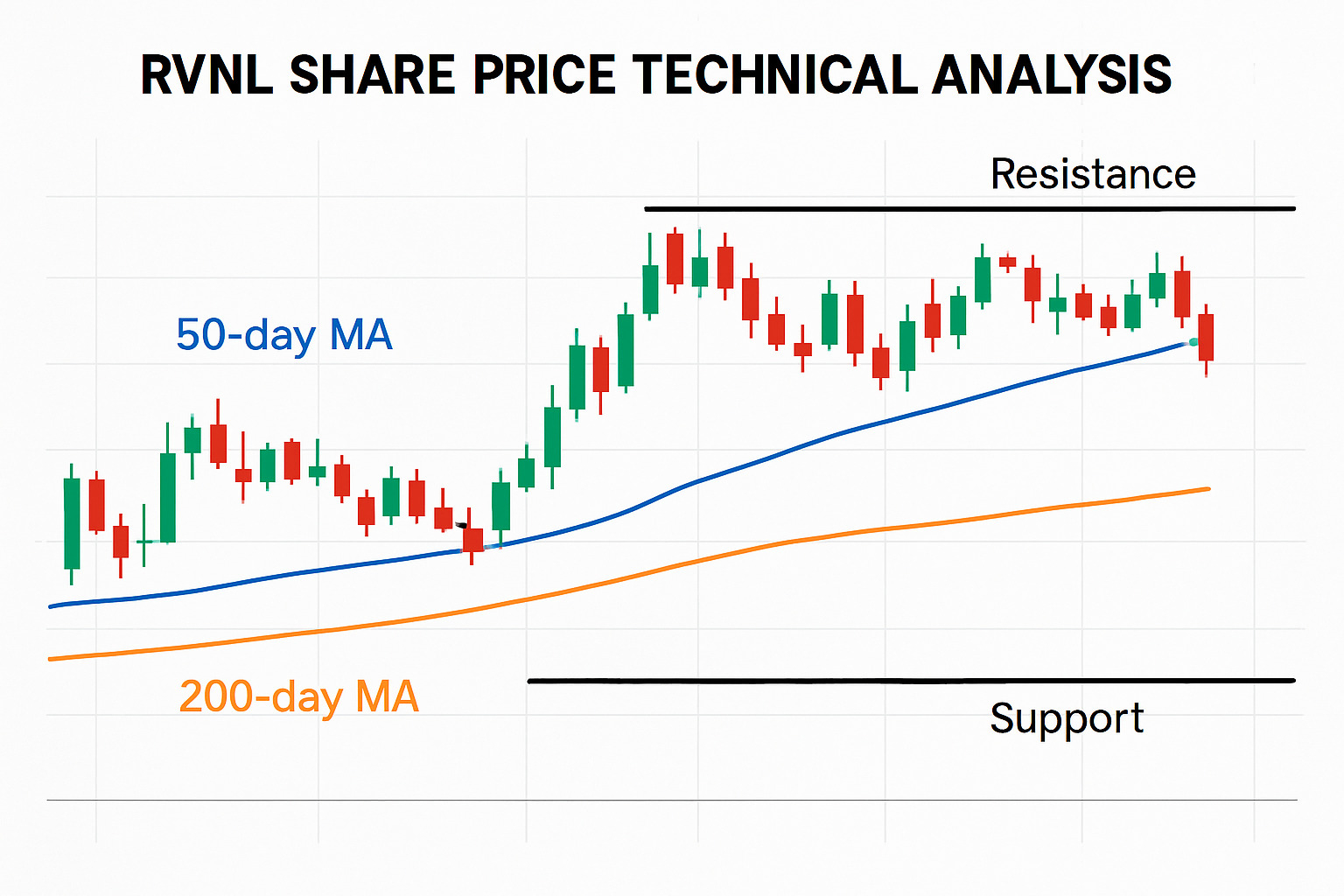 Candlestick chart showing RVNL share price technical analysis with moving averages, support and resistance levels -  rvnl share price