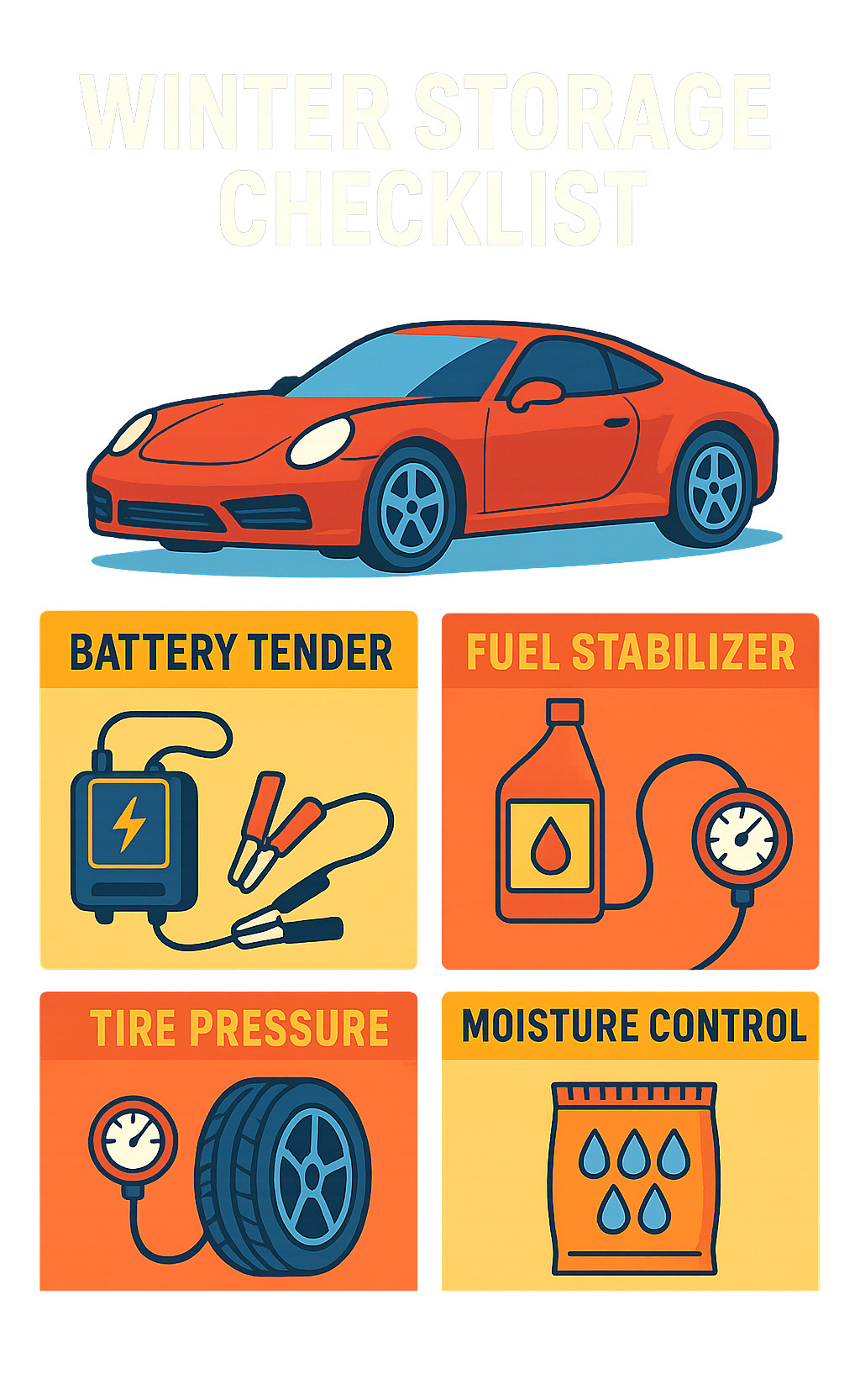 winter storage checklist infographic showing battery tender connection, fuel stabilizer addition, tire pressure adjustment, and moisture control measures - sports car maintenance infographic 