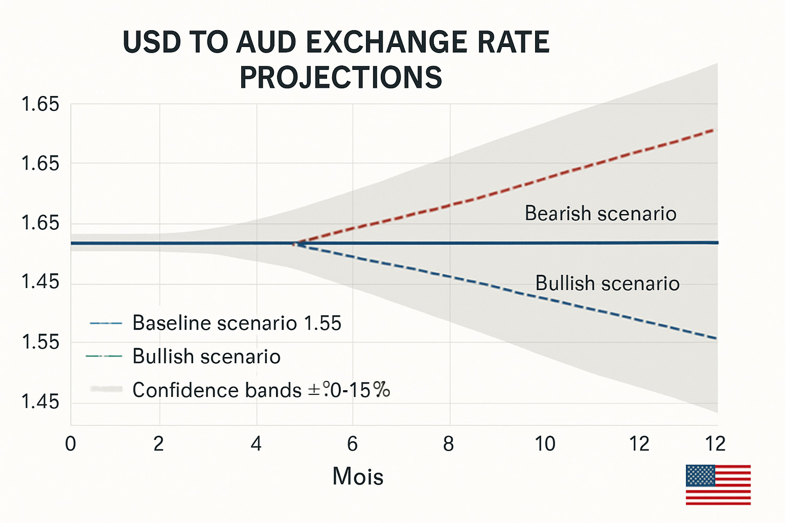 Forecast curve showing USD/AUD rate projections over 12 months with baseline scenario at 1.55, bullish scenario reaching 1.45, bearish scenario reaching 1.65, and confidence bands of ±10-15% - usd to aud