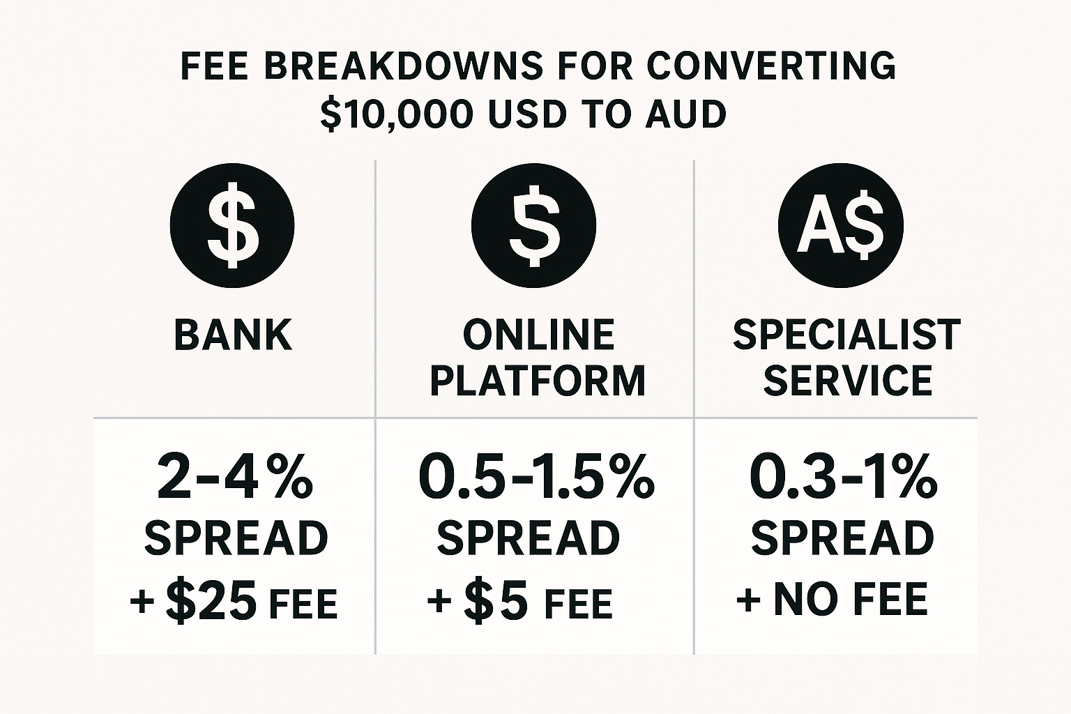 Fee breakdown showing comparison between bank fees (2-4% spread + $25 transfer fee), online platform fees (0.5-1.5% spread + $5 transfer fee), and specialist services (0.3-1% spread + no transfer fee) for a $10,000 USD to AUD conversion - usd to aud