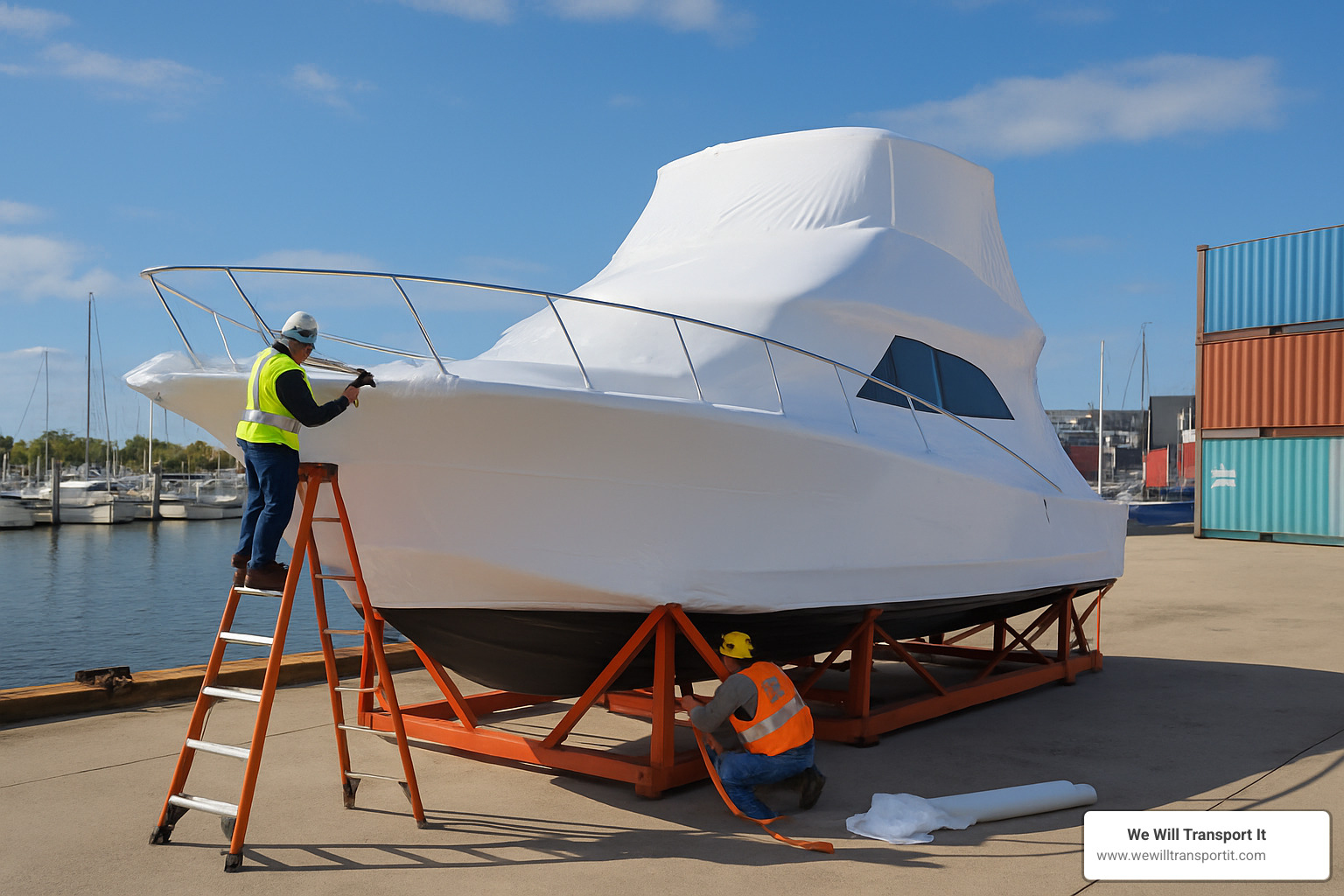 boat being prepared for sea transport with shrink wrap and cradle - boat transport by sea