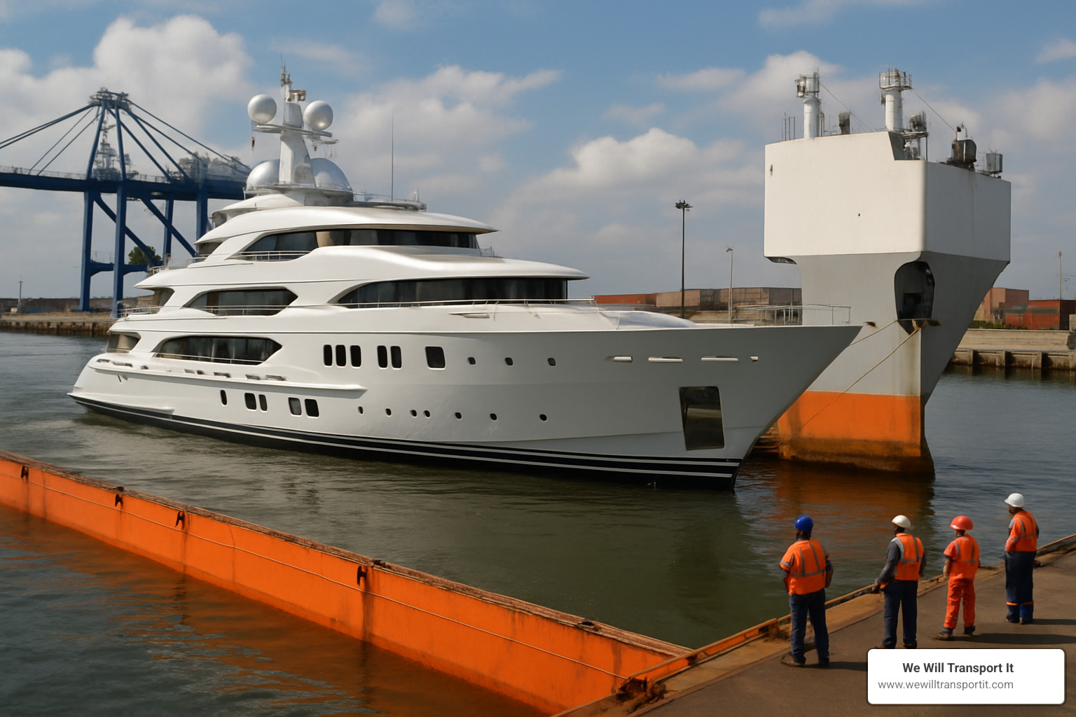 yacht being loaded onto semi-submersible carrier - boat transport by sea