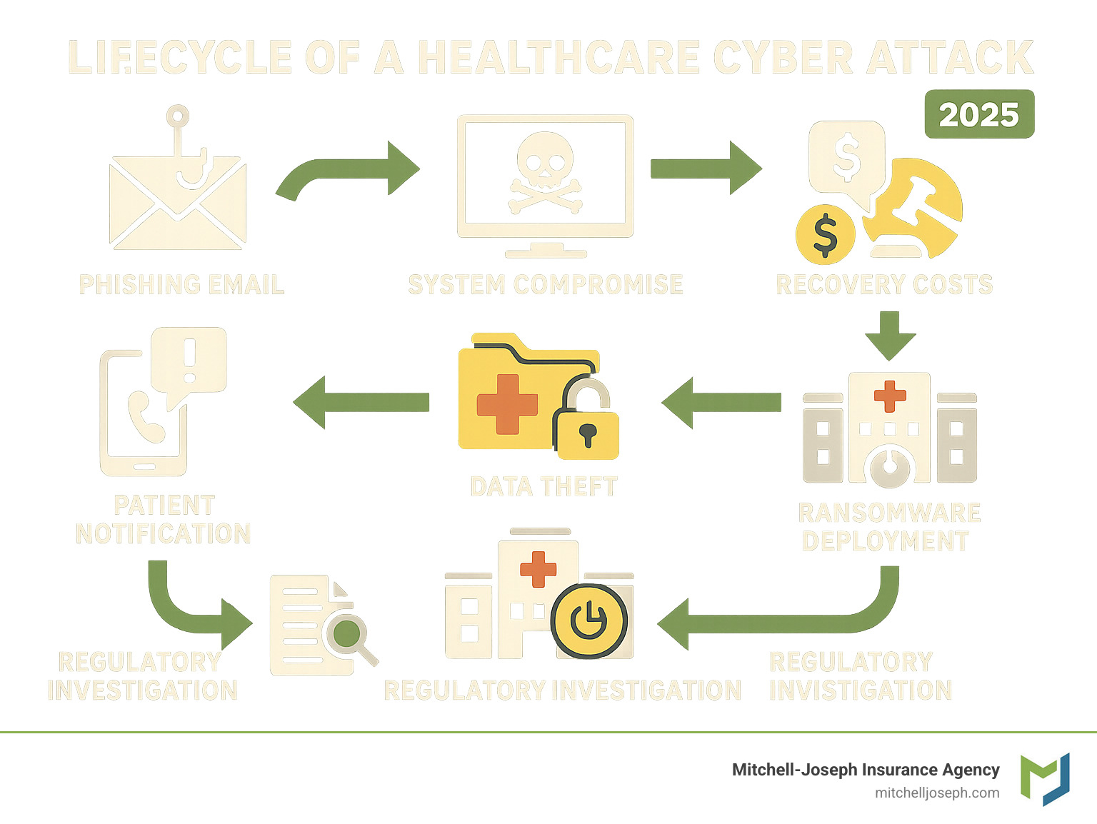 f2add18da6cb556c358f93d8cbcf09c3d316a3b5 Cyber Insurance for Healthcare: Don't Let Hackers Give You a Headache Protect your practice from breaches and fines. Learn why Cyber insurance for medical practices is essential today. Infographic showing the complete lifecycle of a healthcare cyberattack from initial phishing email through system compromise, data theft, ransomware deployment, operational disruption, regulatory investigation, patient notification requirements, and final recovery costs including forensics, legal fees, business interruption, and reputation management - Cyber insurance for medical practices infographic