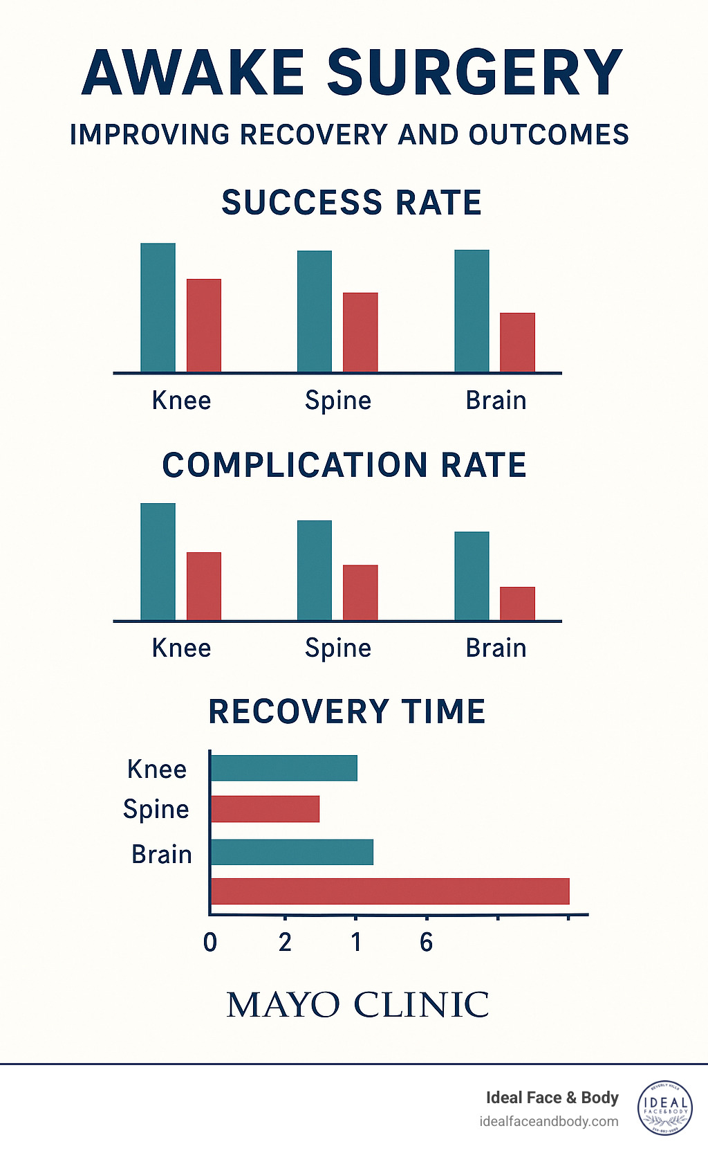 Statistical infographic showing success rates, complication rates, and recovery times comparing awake surgery to general anesthesia across different procedure types - awake surgery infographic 