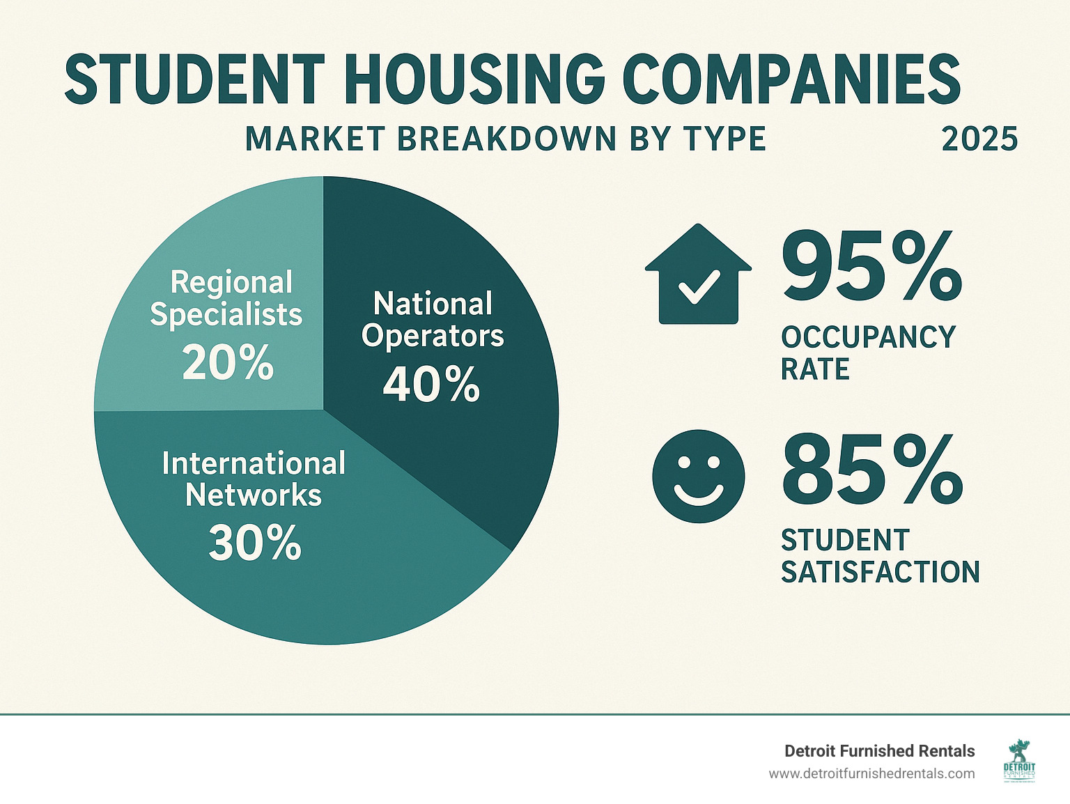 Infographic showing student housing company market breakdown by type, including national operators with 40% market share, regional specialists with 30%, international networks with 20%, and local providers with 10%, plus key statistics on occupancy rates and student satisfaction scores - student housing companies infographic