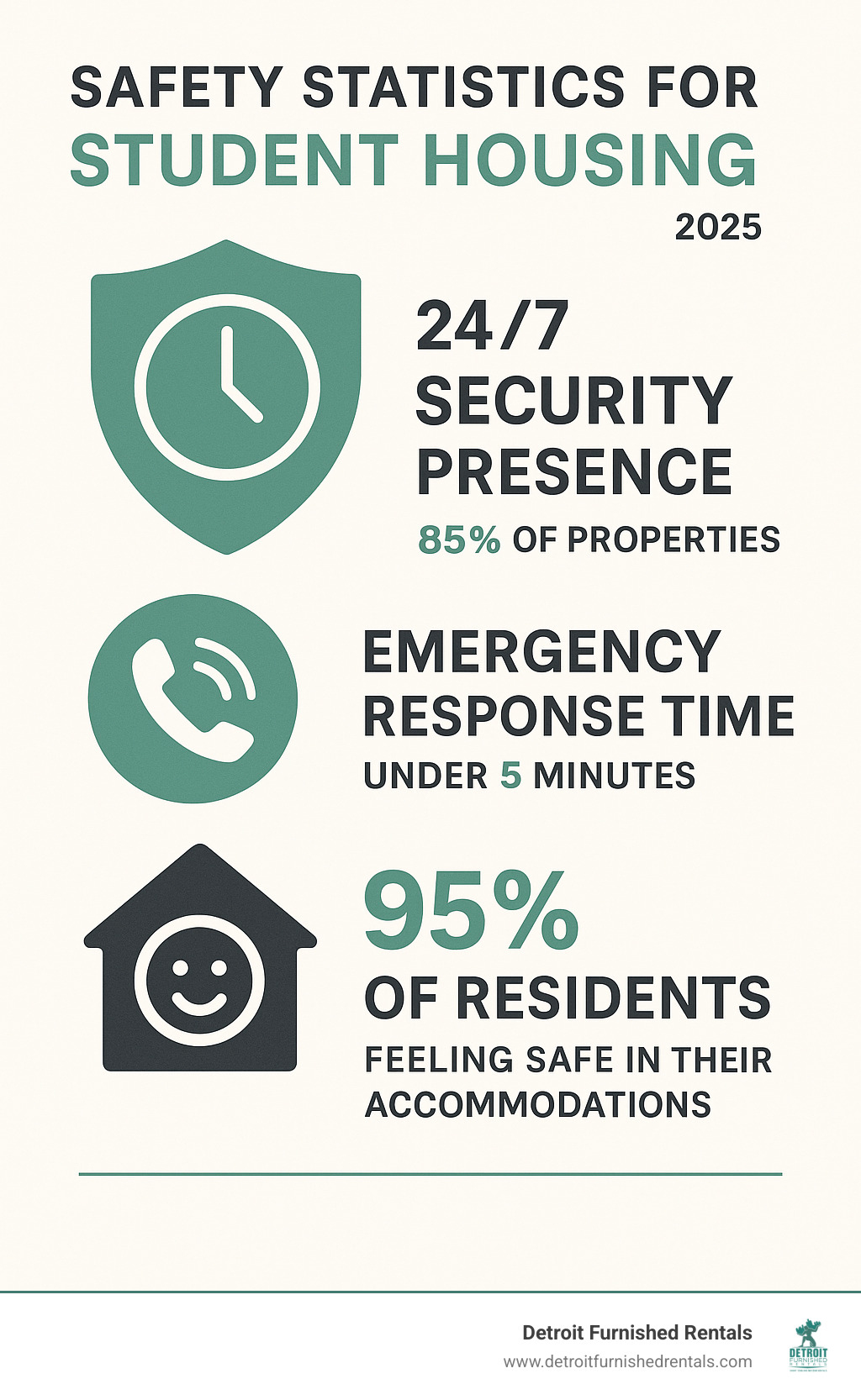 Infographic displaying safety statistics for student housing, showing 24/7 security presence at 85% of properties, emergency response times under 5 minutes, and 95% of residents feeling safe in their accommodations - student housing companies infographic
