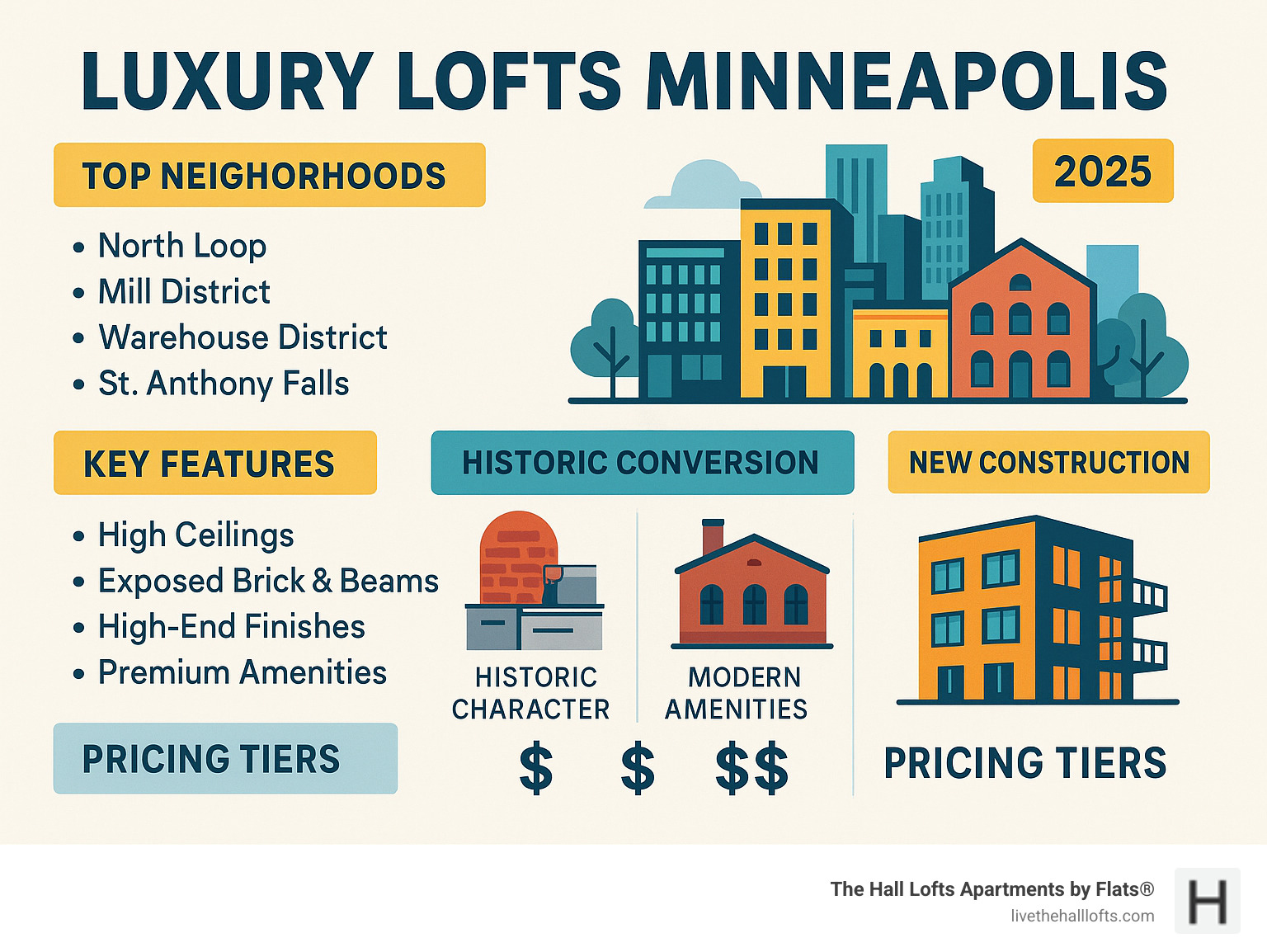Comprehensive guide to luxury loft features, neighborhoods, and pricing tiers in Minneapolis with comparison between historic conversions and new construction options - Luxury lofts Minneapolis infographic 