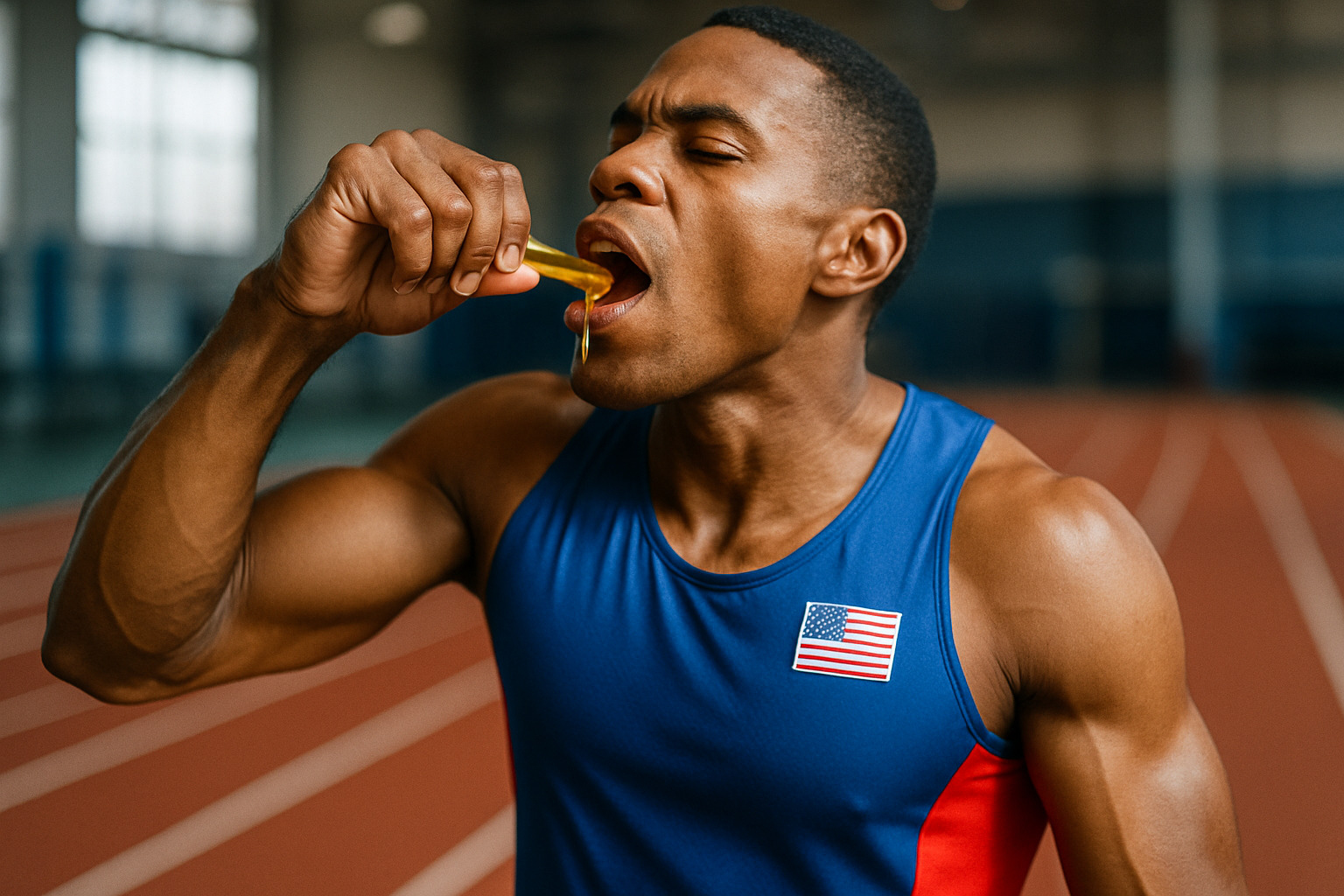 athlete squeezing honey stick - honey pack