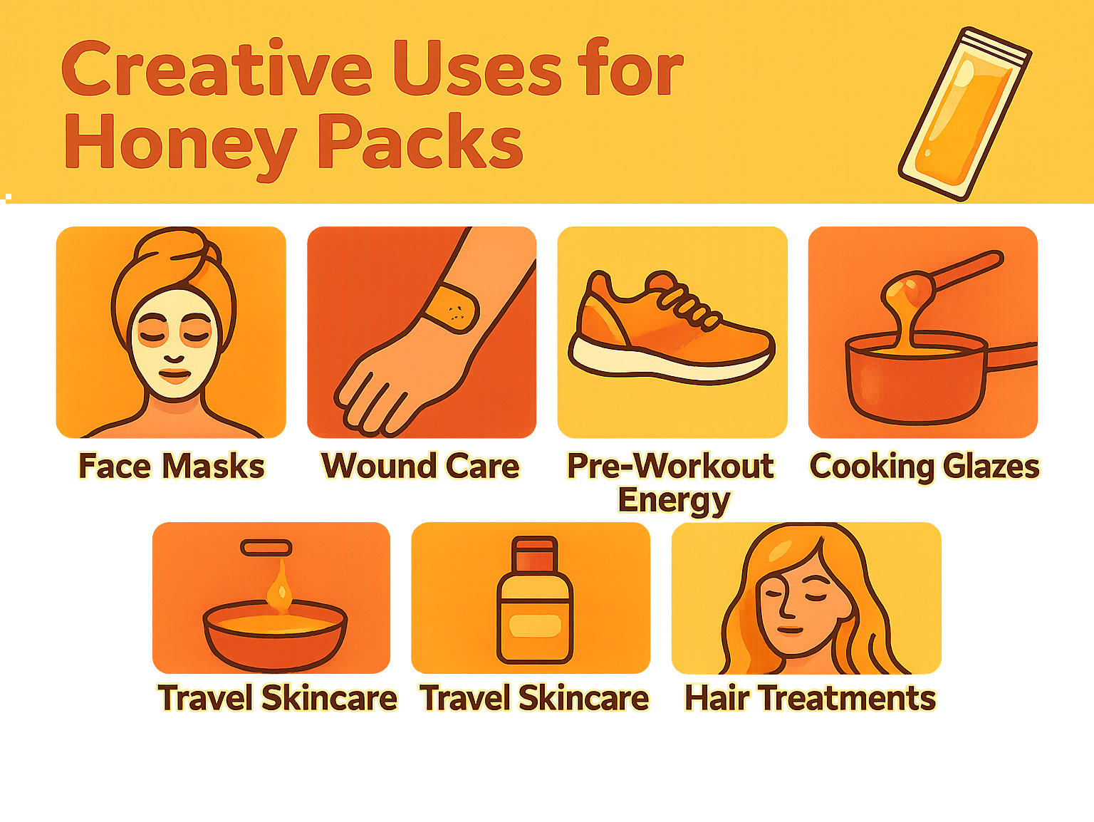 Infographic showing six creative uses for honey packs: face masks, wound care, pre-workout energy, cooking glazes, travel skincare, and hair treatments - honey pack infographic 