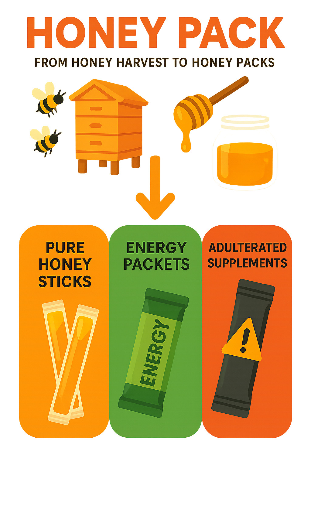Infographic showing the journey from natural honey harvesting to different types of honey pack products, including pure honey sticks, energy packets, and potentially dangerous adulterated supplements with warning symbols - honey pack infographic 