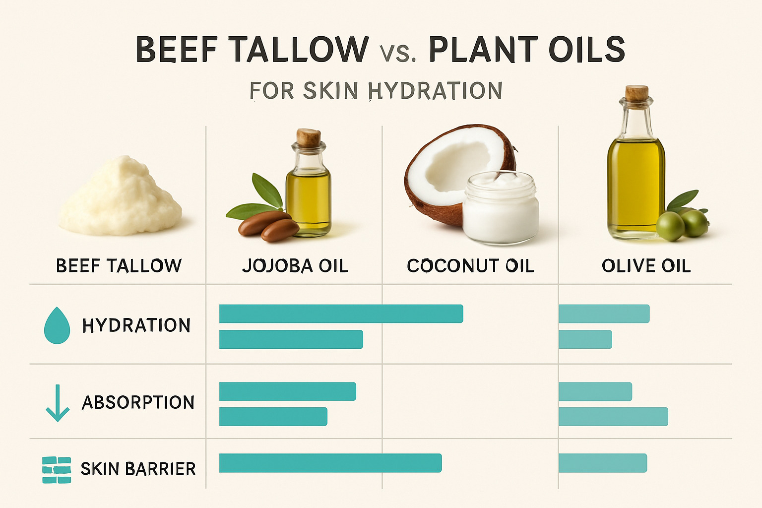 comparison chart showing beef tallow vs plant oils for skin hydration - beef tallow for skin