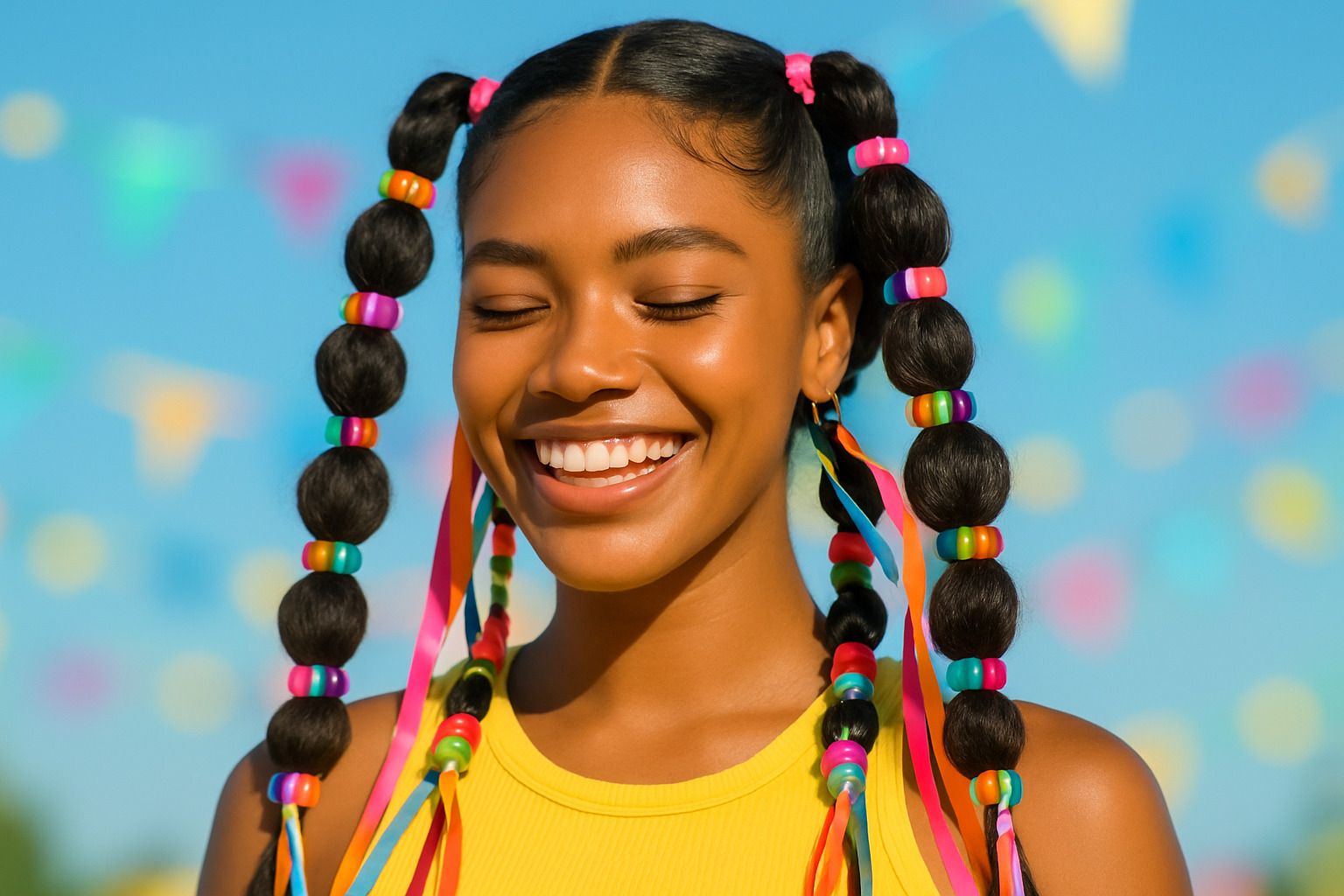 accessorized bubble braids with beads and ribbons - bubble braids