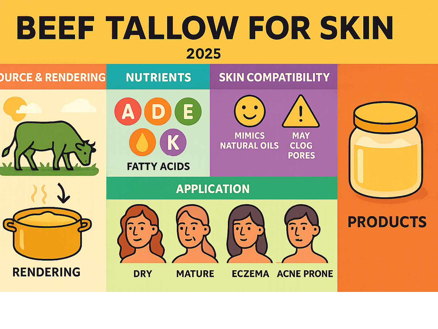 Detailed infographic showing the journey from grass-fed cattle to purified beef tallow skincare products, including rendering process, nutrient profile with vitamins A D E K and fatty acids, skin compatibility factors, and application methods for different skin types - beef tallow for skin infographic 