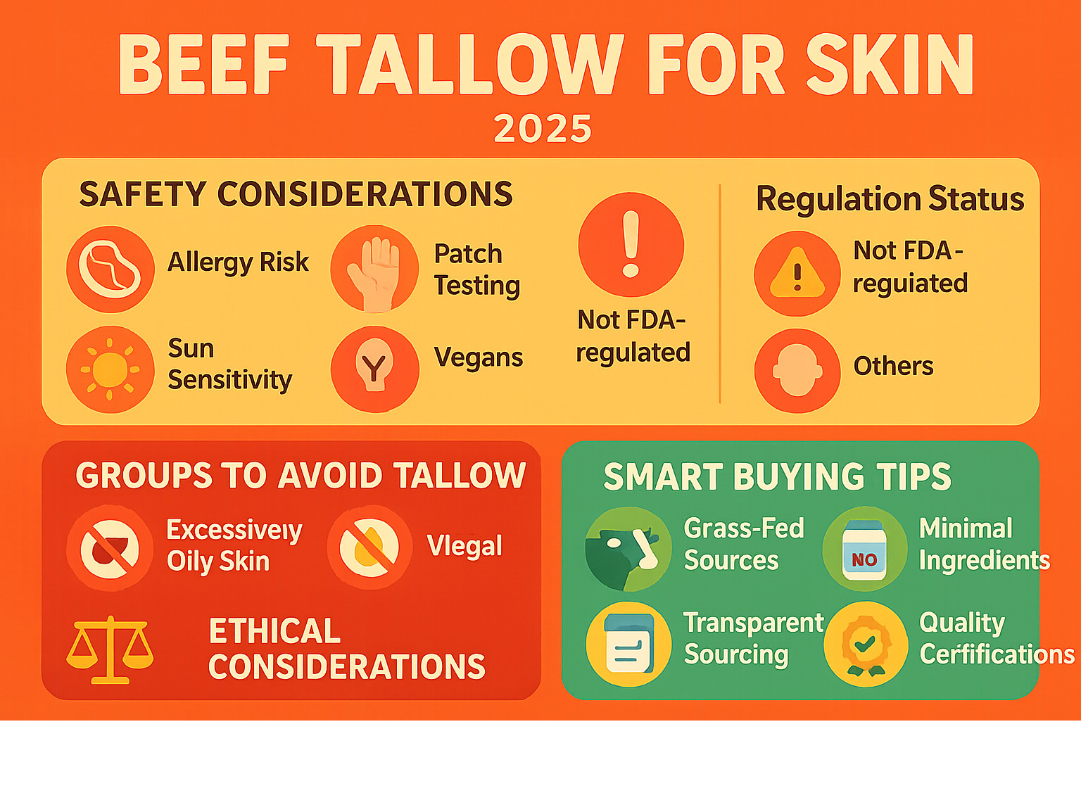 infographic showing safety guidelines and quality indicators for beef tallow skincare products - beef tallow for skin infographic 