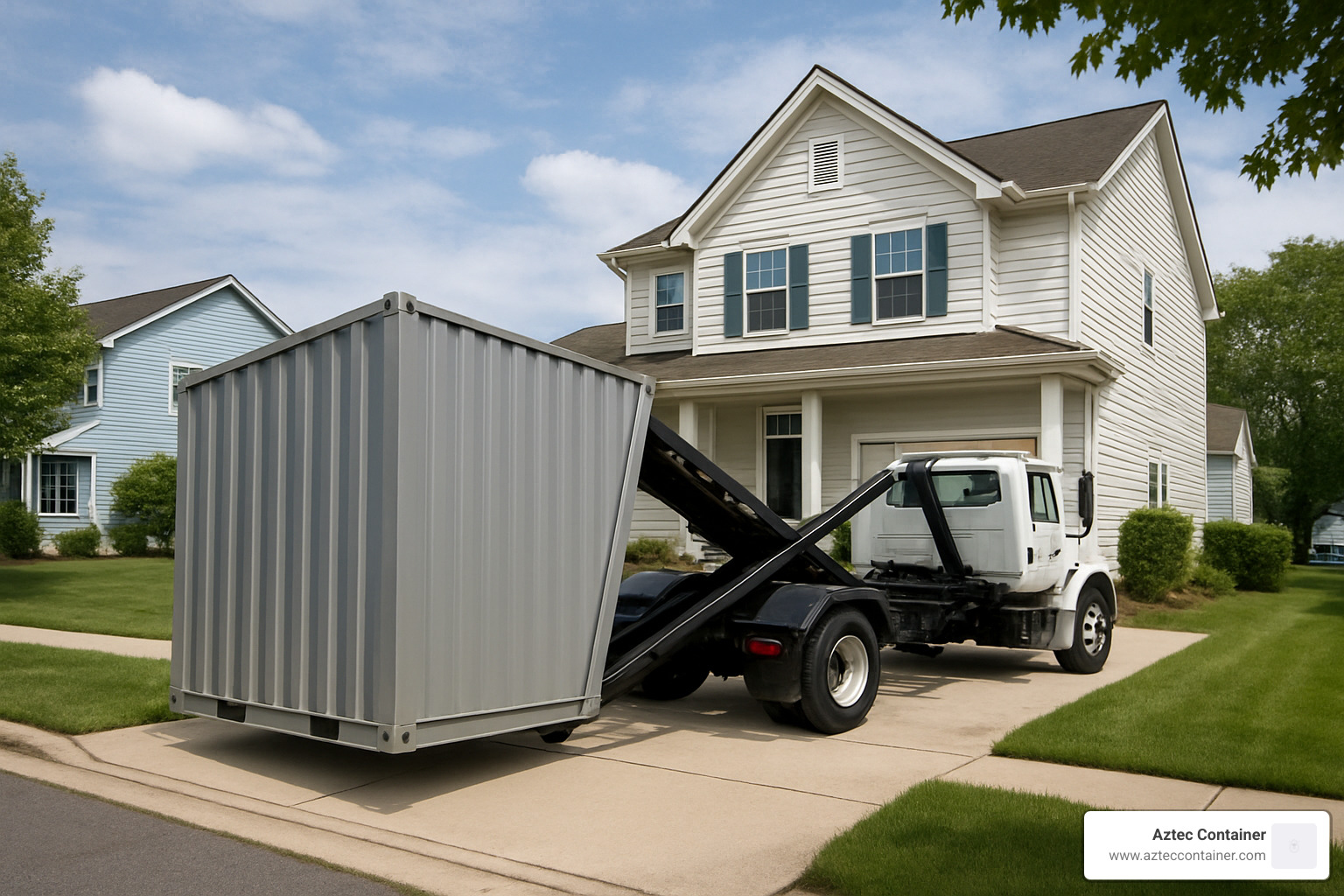 Container being delivered by tilt-bed truck to residential driveway - rent portable storage containers