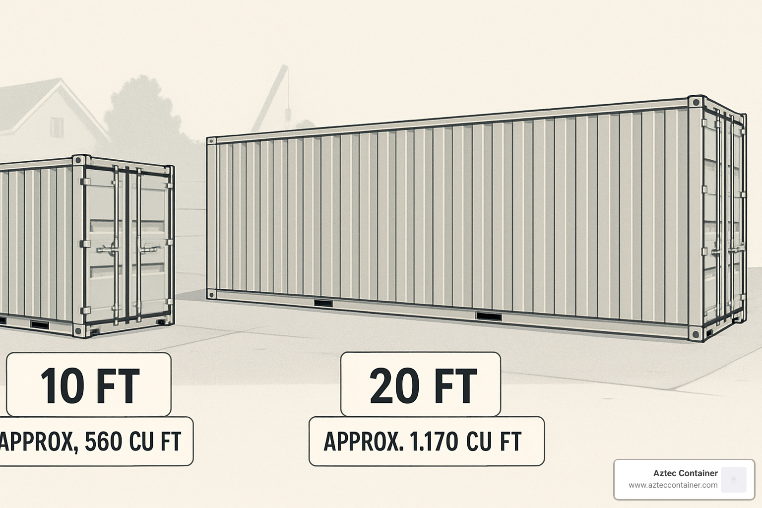 Container size comparison showing 10ft, 20ft, and 40ft containers with dimensions and capacity information - rent portable storage containers