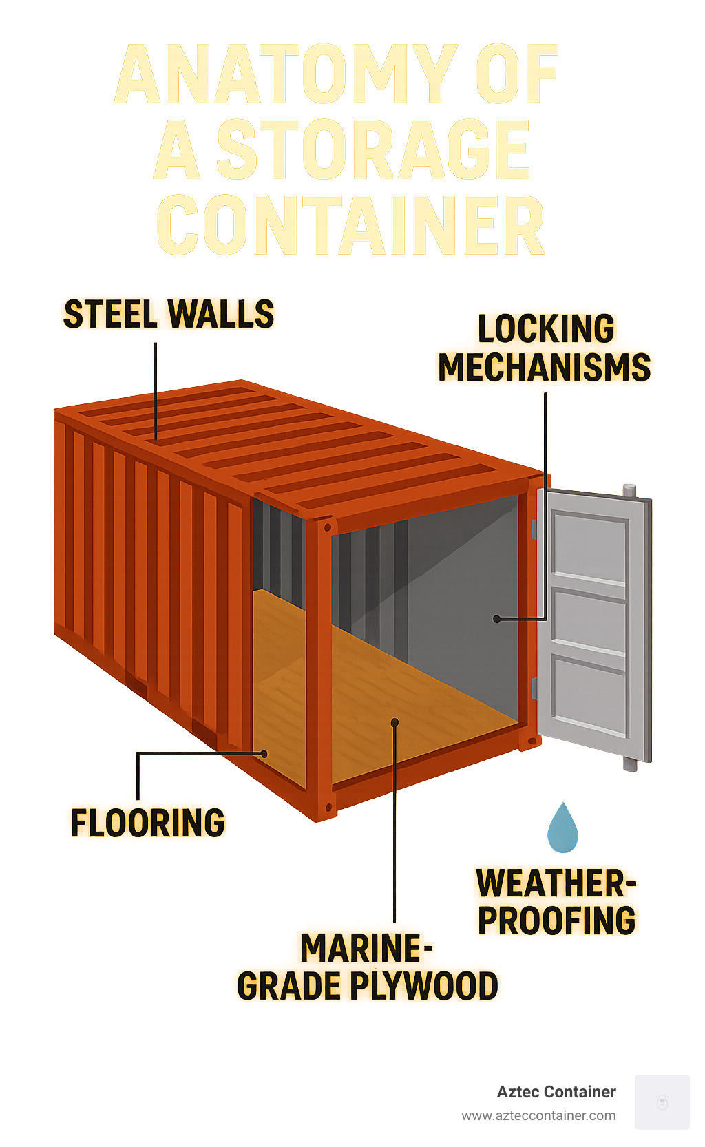 Infographic showing cross-section of container with labeled components including steel walls, locking mechanisms, flooring, and weatherproofing features - rent portable storage containers infographic 
