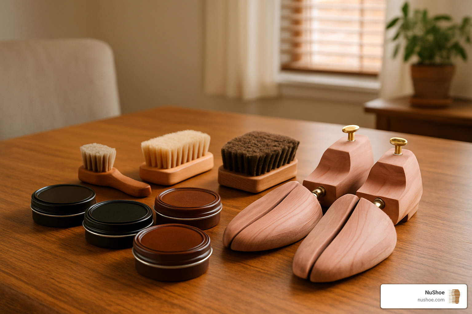 shoe care kit with polish, brushes, and cedar shoe trees - shoe repair near here
