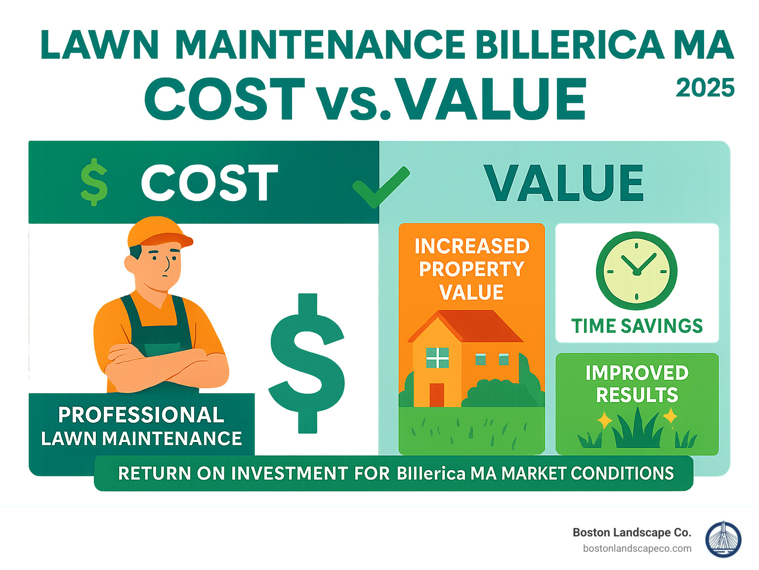 Cost vs value infographic showing the return on investment for professional lawn maintenance services, including increased property value, time savings, and improved results compared to DIY approaches, with specific data for Billerica MA market conditions - Lawn Maintenance Billerica MA infographic