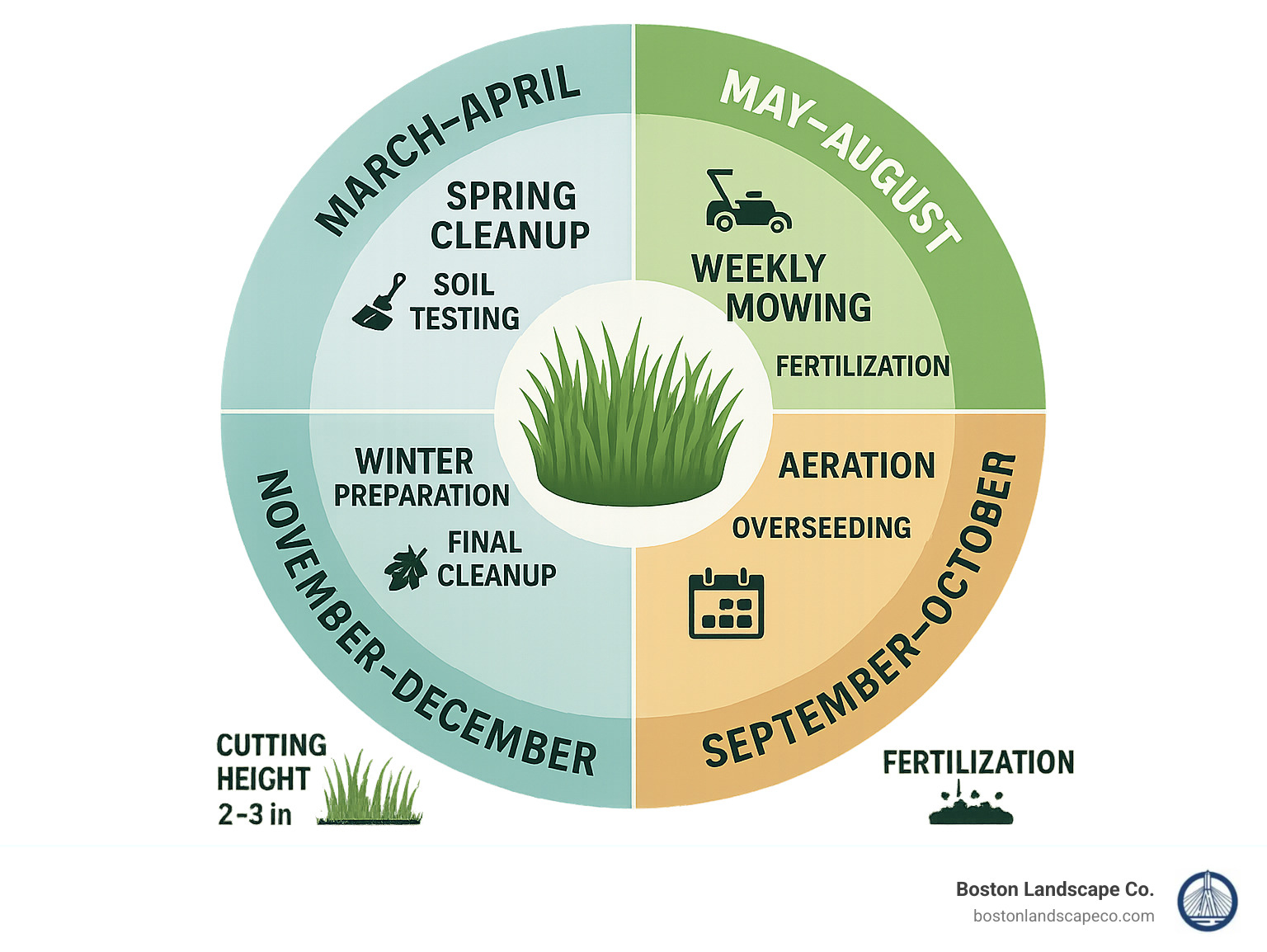 Comprehensive infographic showing the annual lawn maintenance cycle for Billerica MA, including spring cleanup and soil testing in March-April, weekly mowing and fertilization in May-August, fall aeration and overseeding in September-October, and winter preparation with final cleanup in November-December, along with recommended grass cutting heights of 2-3 inches and fertilization schedule - Lawn Maintenance in Billerica MA infographic