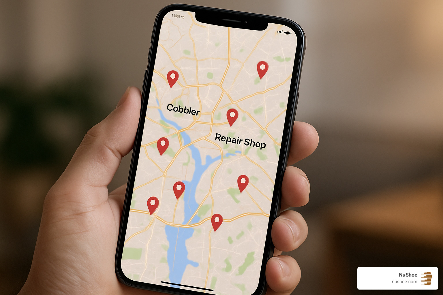 phone map showing nearby cobbler locations with pins - shoe repair near here
