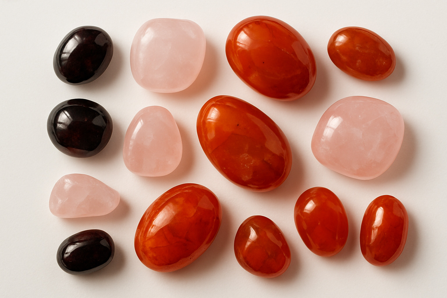 Beautiful flatlay arrangement of passion-enhancing crystals including garnet, carnelian, and rose quartz on a clean white surface - : crystal lust