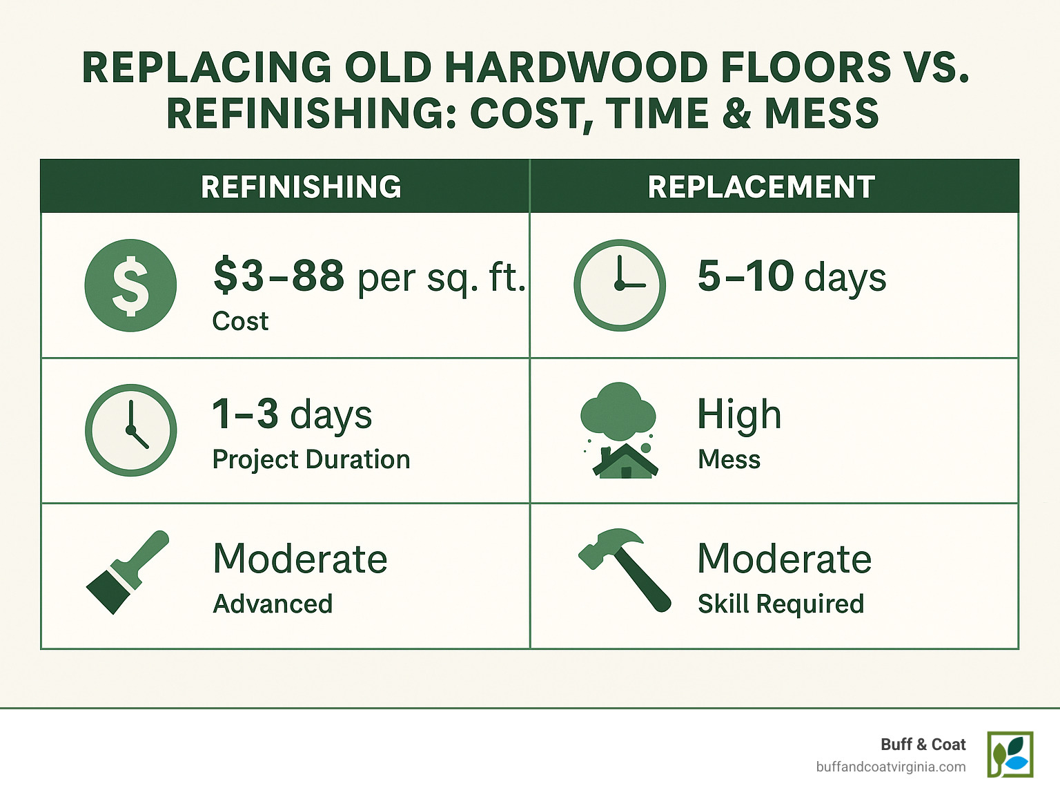 Cost and timeline comparison infographic showing refinishing vs replacement costs per square foot, project duration, mess levels, and skill requirements - replacing old hardwood floors infographic Cost and timeline comparison infographic showing refinishing vs replacement costs per square foot, project duration, mess levels, and skill requirements - replacing old hardwood floors infographic