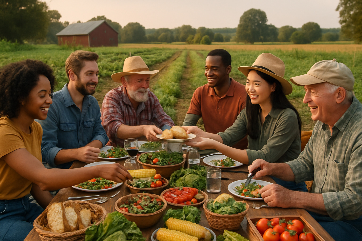 tourists dining at farm table with local farmers - sustainable food tourism