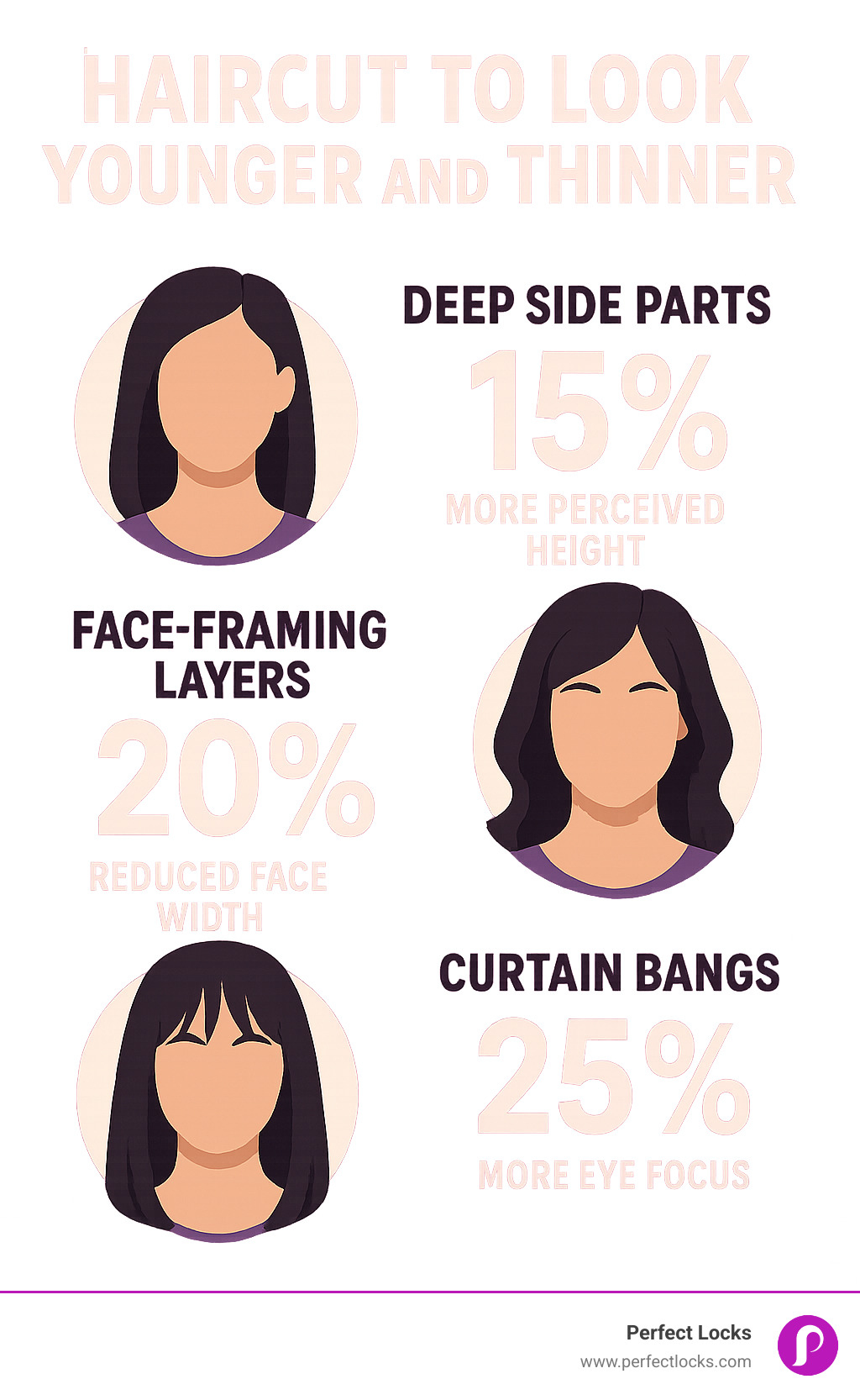 Statistical comparison showing percentage of face-slimming effect from different styling techniques - deep side parts adding 15% more perceived height, face-framing layers reducing face width appearance by 20%, and curtain bangs creating 25% more eye focus - haircut to look younger and thinner infographic 