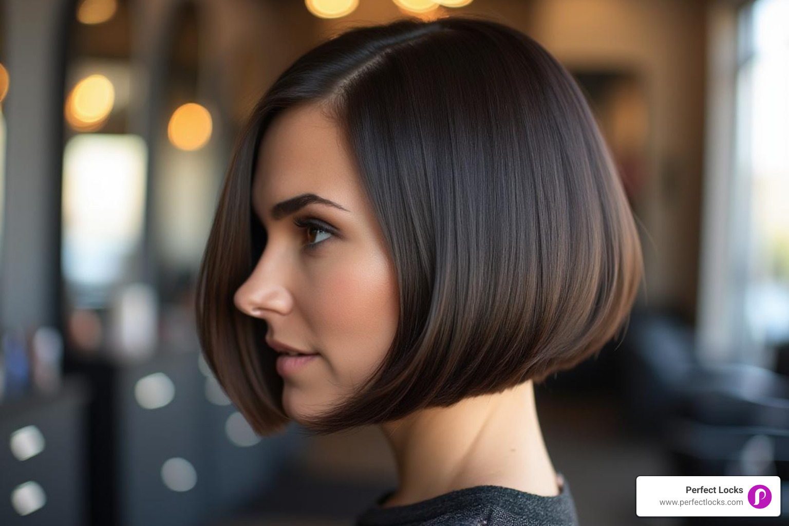 Woman with sleek asymmetrical bob haircut showing dramatic angle and clean lines - haircut to look younger and thinner