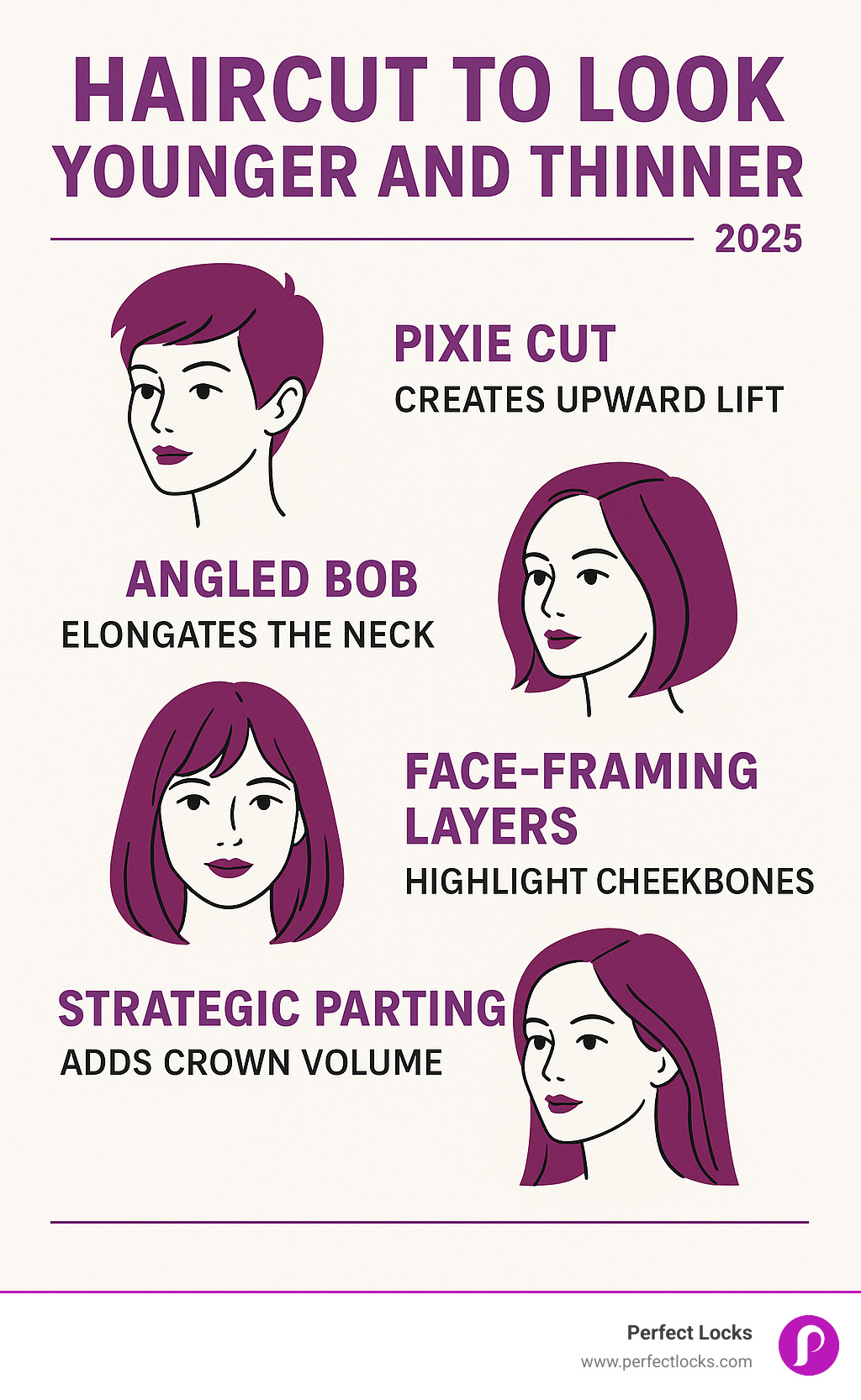 Infographic showing how different haircut lengths, layer placements, and bang styles affect face shape perception - including pixie cuts creating upward lift, angled bobs elongating the neck, face-framing layers highlighting cheekbones, and strategic parting adding crown volume for a slimmer appearance - haircut to look younger and thinner infographic 