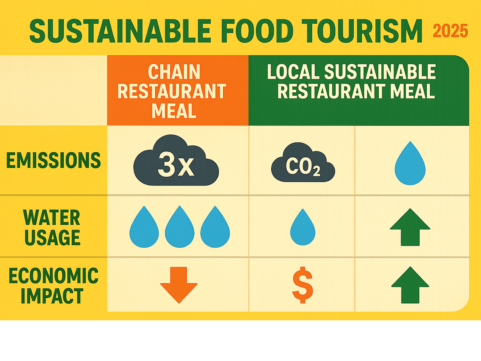 Comparison table showing emissions, water usage, and economic impact between chain restaurant meals versus local sustainable restaurant meals - sustainable food tourism infographic 