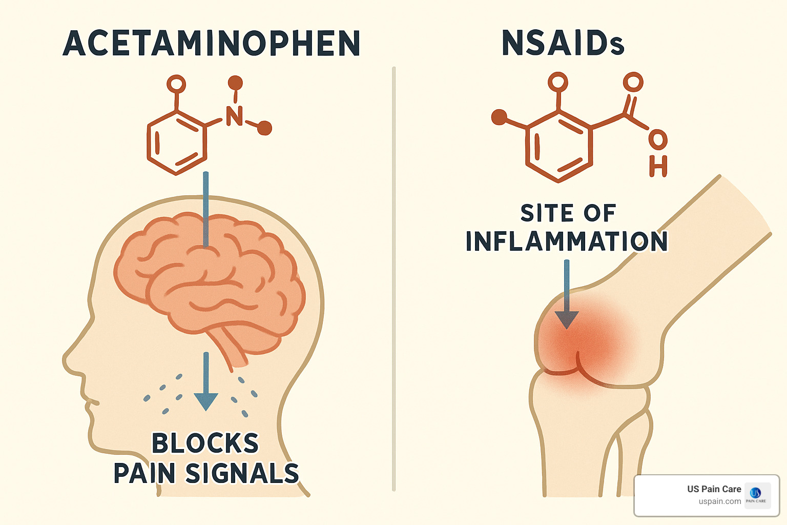 Chemical pathways showing how acetaminophen works in the brain versus how NSAIDs work at inflammation sites - best pain reliever