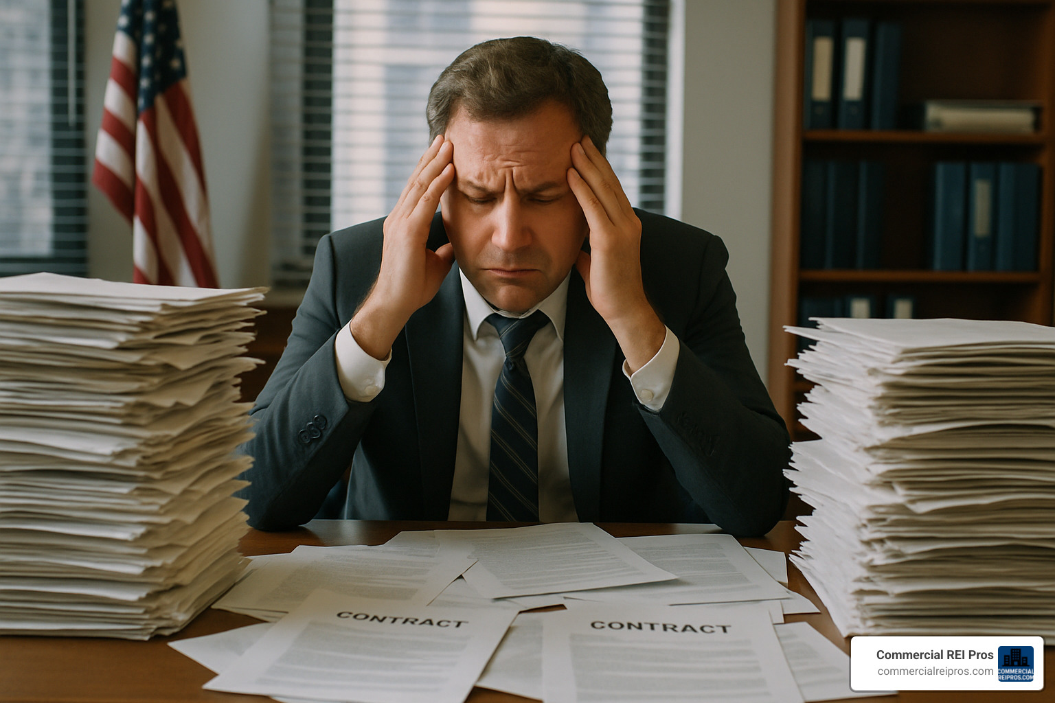 Frustrated business owner surrounded by paperwork and contracts - avoid broker fees commercial real estate