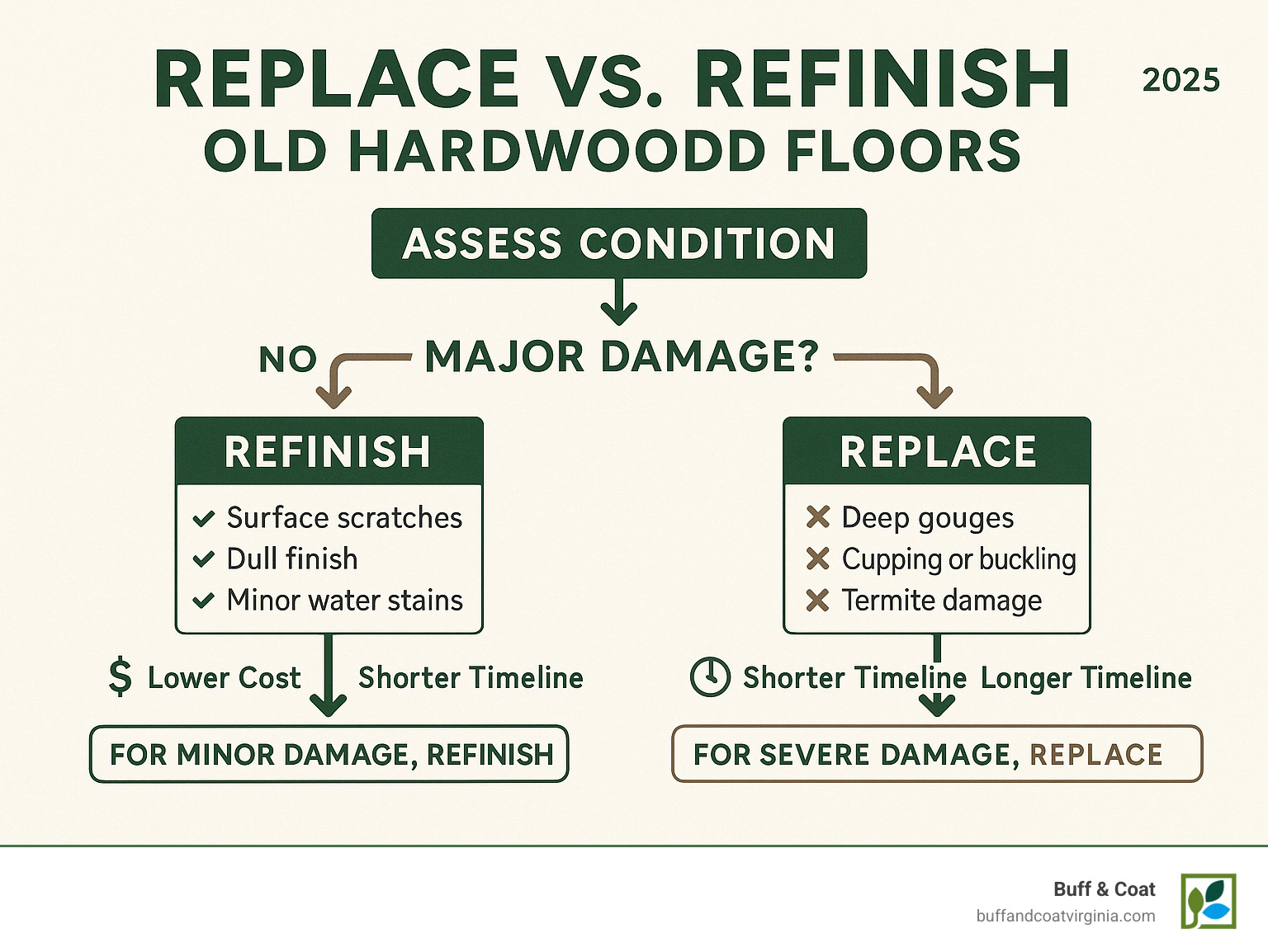 Infographic showing decision flowchart for hardwood floor replacement vs refinishing, including condition assessment steps, cost comparisons, timeline differences, and when to choose each option based on floor damage severity - replacing old hardwood floors infographic Infographic showing decision flowchart for hardwood floor replacement vs refinishing, including condition assessment steps, cost comparisons, timeline differences, and when to choose each option based on floor damage severity - replacing old hardwood floors infographic